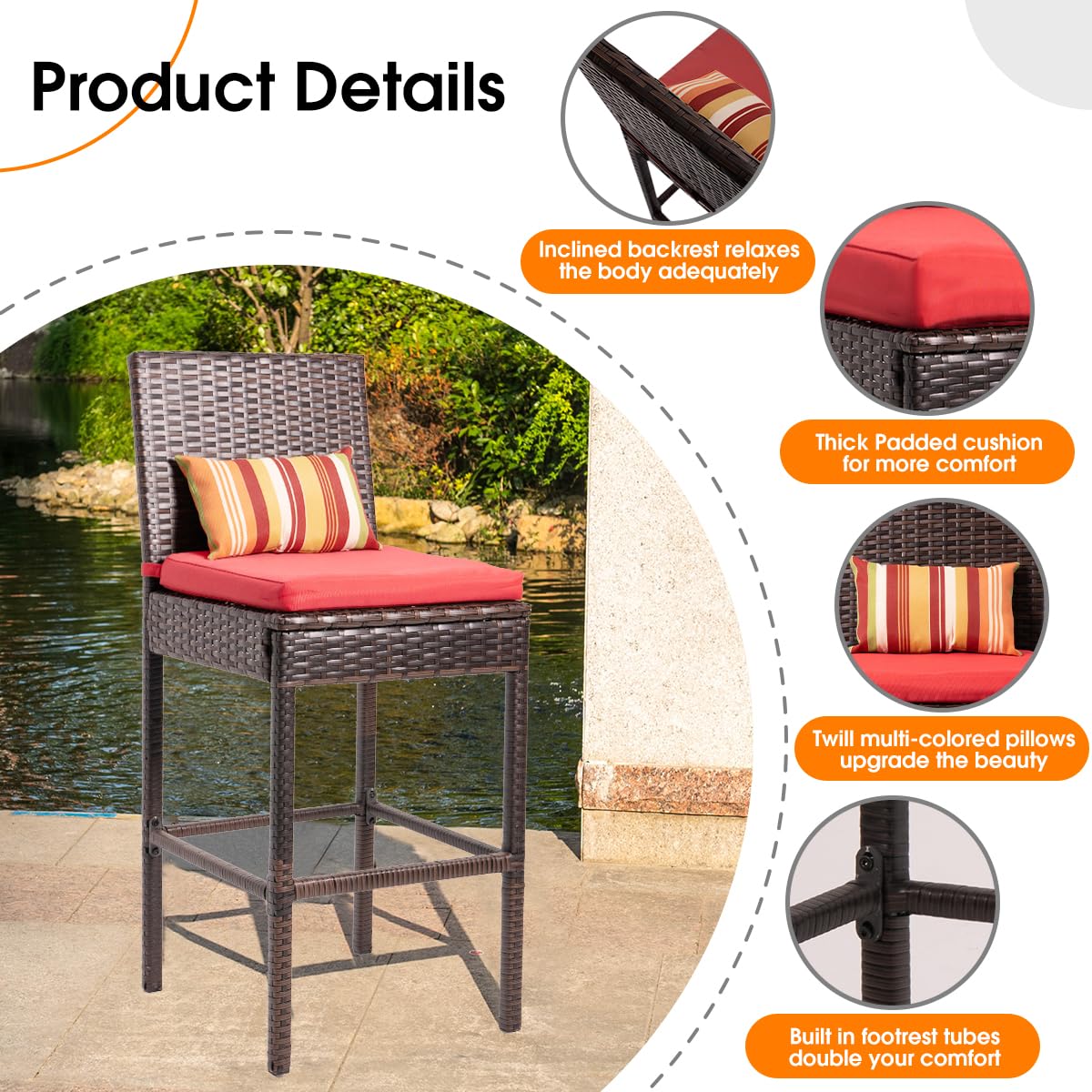 Sundale Outdoor Patio Bar Stools Set of 4 - All-Weather Wicker Chairs with Cushions & Pillows, Steel Frame, Brown - Perfect for Backyard, Poolside, and Patio Dining