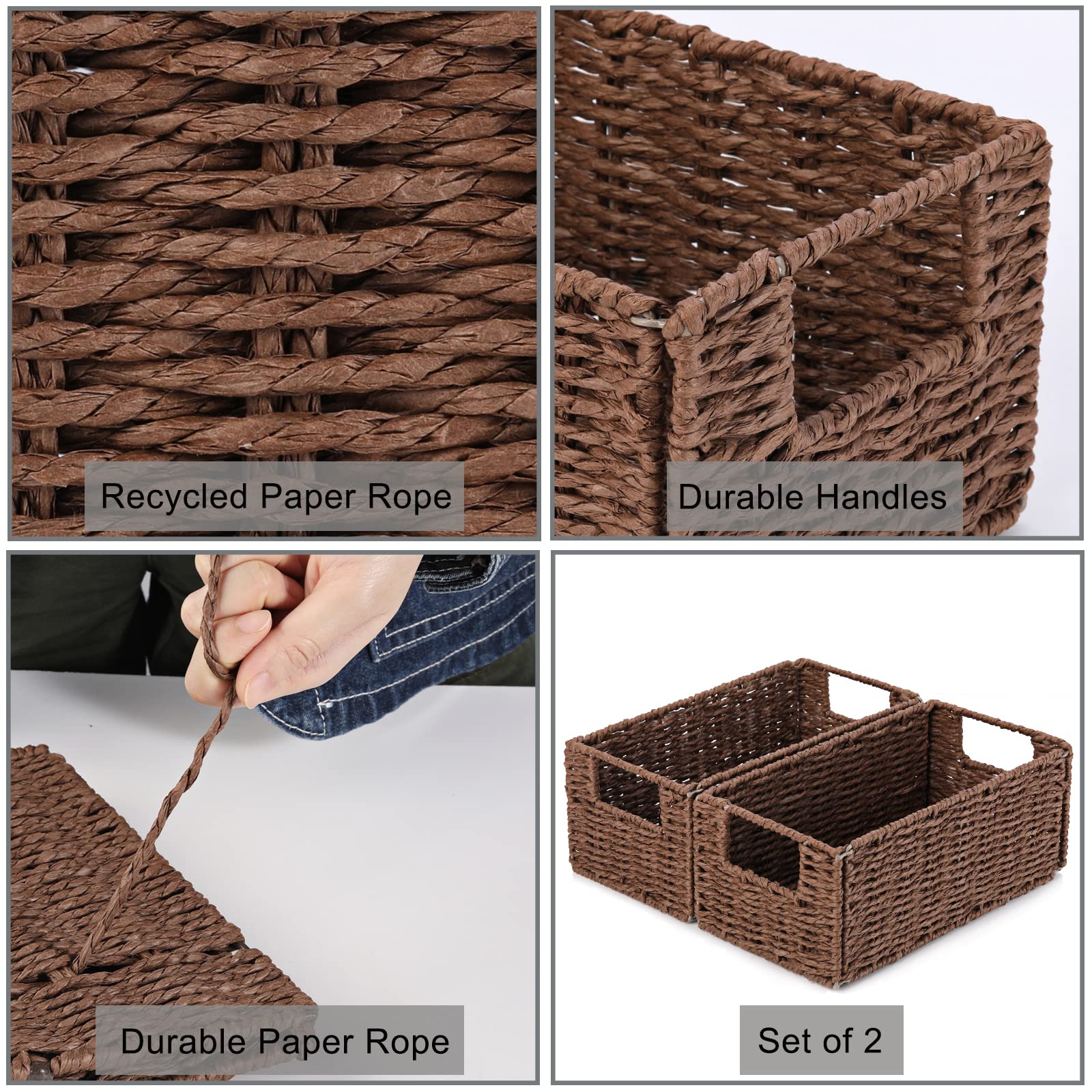 Vagusicc Set of 2 Hand-Woven Wicker Storage Baskets - Foldable Paper Rope Organizer Bins for Shelves, Toilet Paper Storage & Home Organization (Brown) - Perfect for Bathroom, Bedroom & Closet Storage Solutions