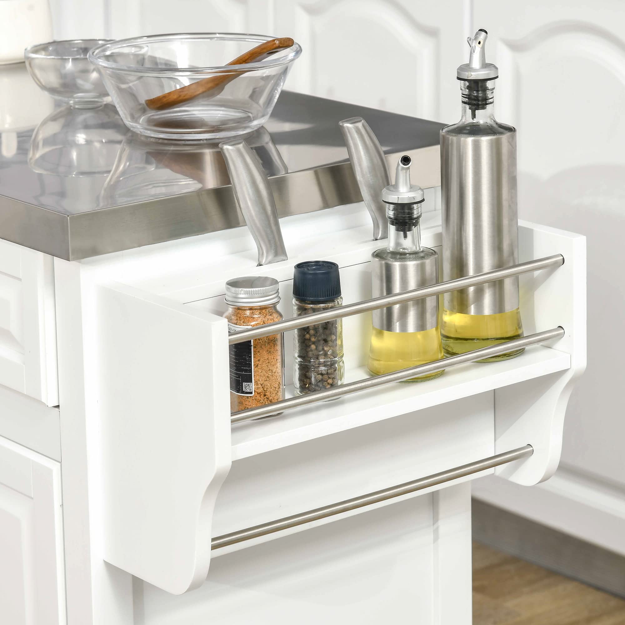 HOMCOM White Rolling Kitchen Island with Storage - Stainless Steel Top, Spice Rack & Drawers - Mobile Kitchen Cart for Small Spaces, Apartment Cooking & Extra Counter Space