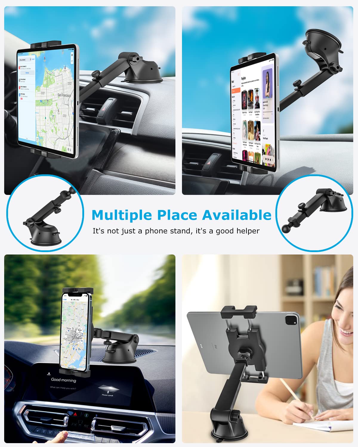 Woleyi Universal Car Dashboard & Windshield Tablet Holder - Adjustable Telescopic Arm Suction Cup Mount for iPad Pro/Air/Mini, Galaxy Tabs & 4.7-13