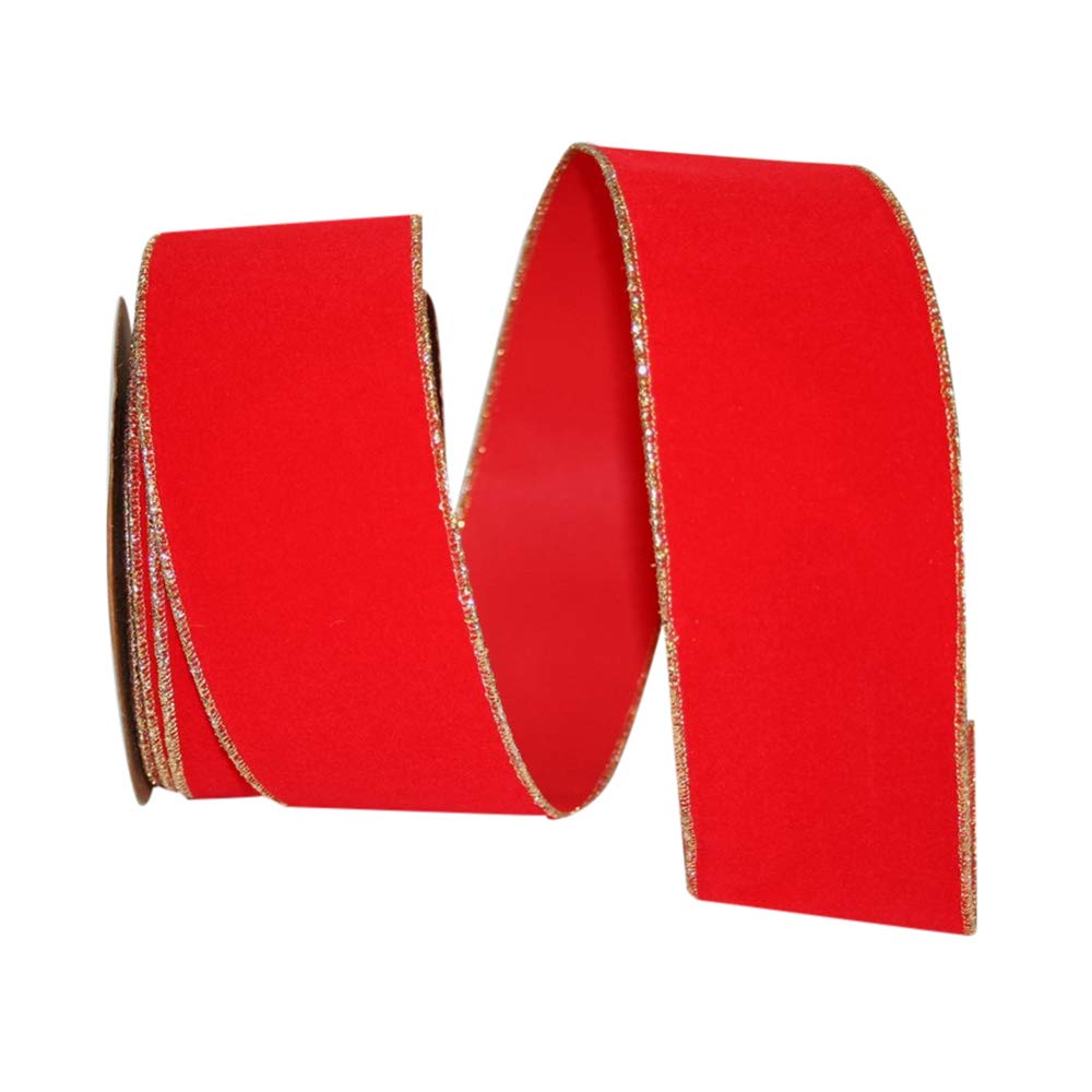Reliant Ribbon Velvet Commercial Heavy Wired Edge Ribbon - 4 Inch x 25 Yards - Hot Red & Gold - Perfect for Gift Wrapping, Holiday Decorations, Wedding Bouquets & DIY Crafts
