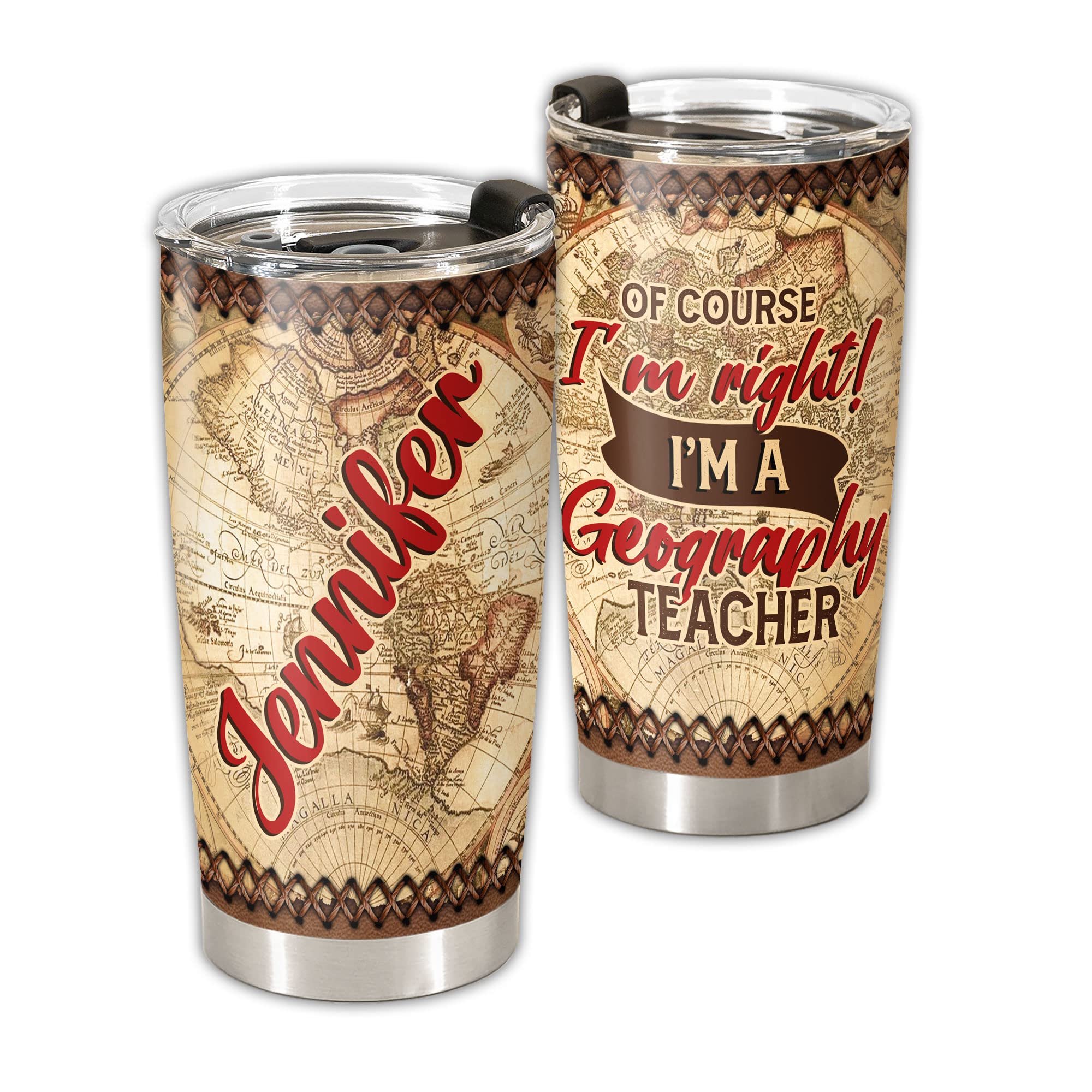 Personalized Stainless Steel Tumbler 20oz - Custom Name Funny Geography Teacher Vacuum Insulated Coffee Mug - Great Gift for Educators, Professors & Tutors - Perfect for Teachers Appreciation Week, Classroom Use & Daily Coffee Drinking