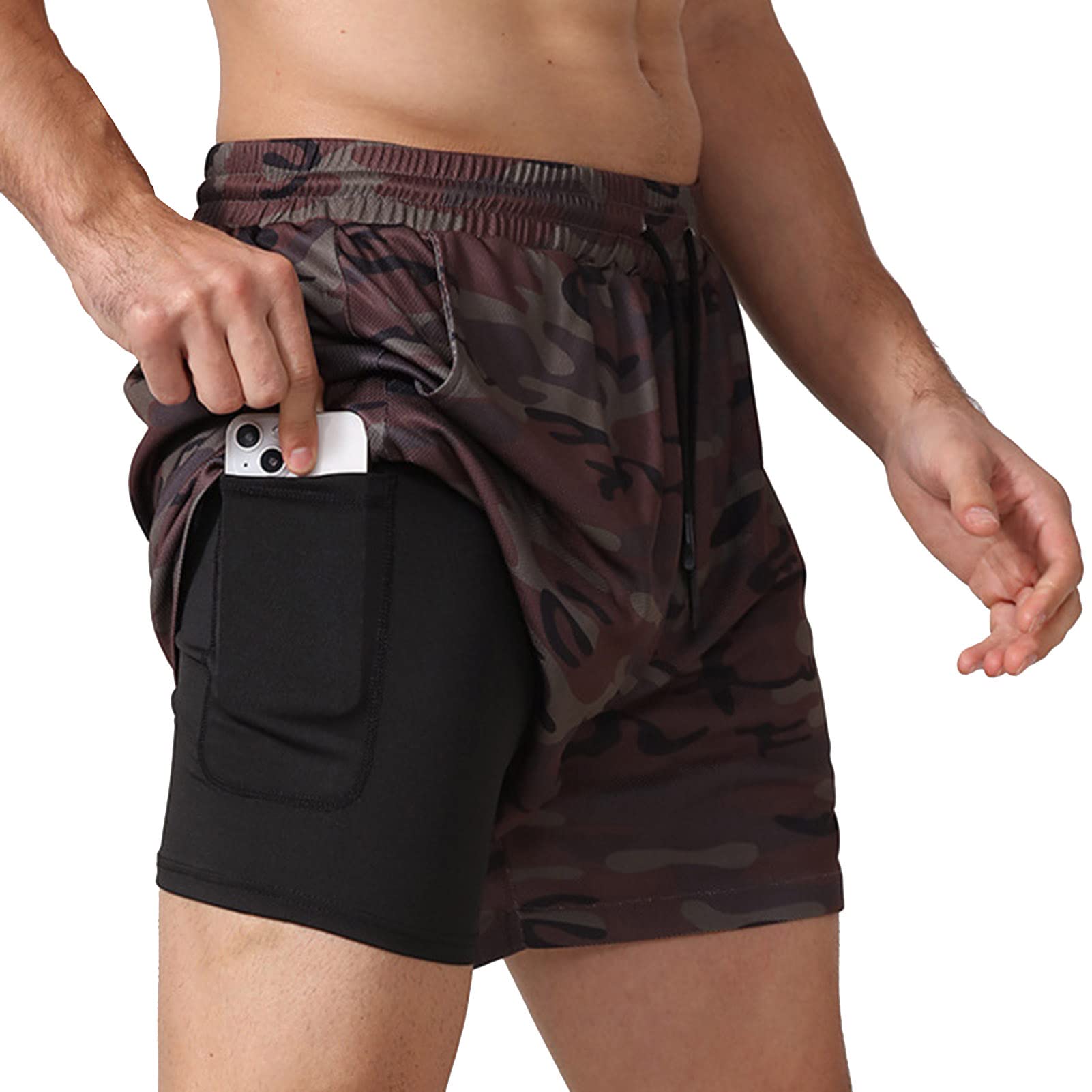 Yimutian Men's 2-in-1 Athletic Shorts with Phone Pockets - Gym Workout Running Shorts with Towel Loop - Breathable Training Joggers for Sports & Outdoor Activities