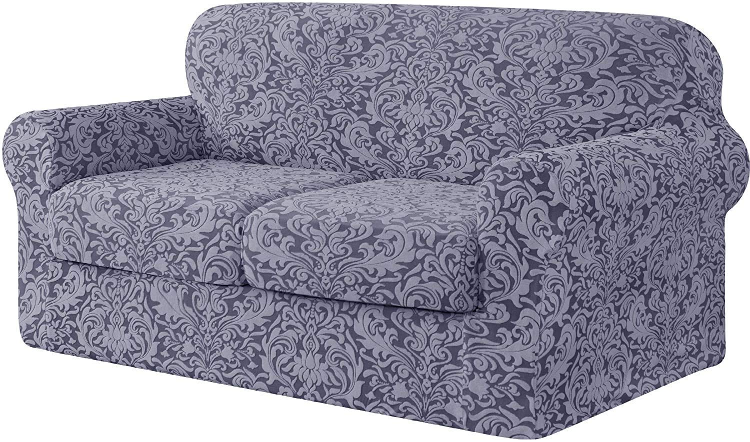 Stretchable Jacquard Damask Sofa Slipcover with 2 Seat Cushions - Washable Furniture Protector for Conventional 2-Seater Couches (145-180cm) - Pet & Kid Friendly Home Decor in Grayish Blue | Perfect for Living Room, Family Room & Pet-Friendly Spaces