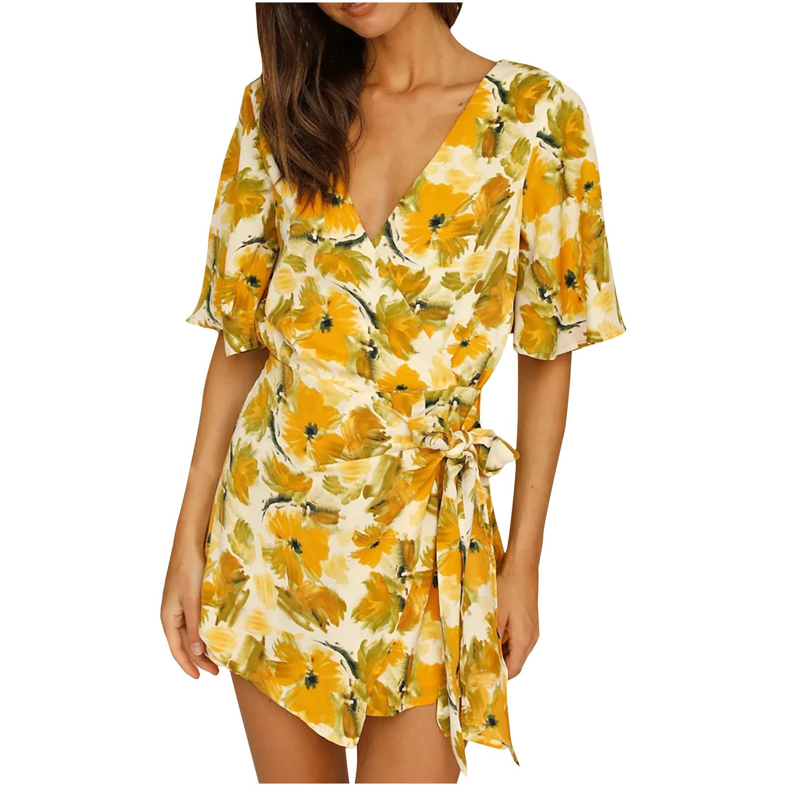 2023 Women's Summer Floral Print Backless V-Neck Mini Dress - Casual Spaghetti Strap Bandage Dress in Satin Fabric for Beach Vacation & Date Night Outfits