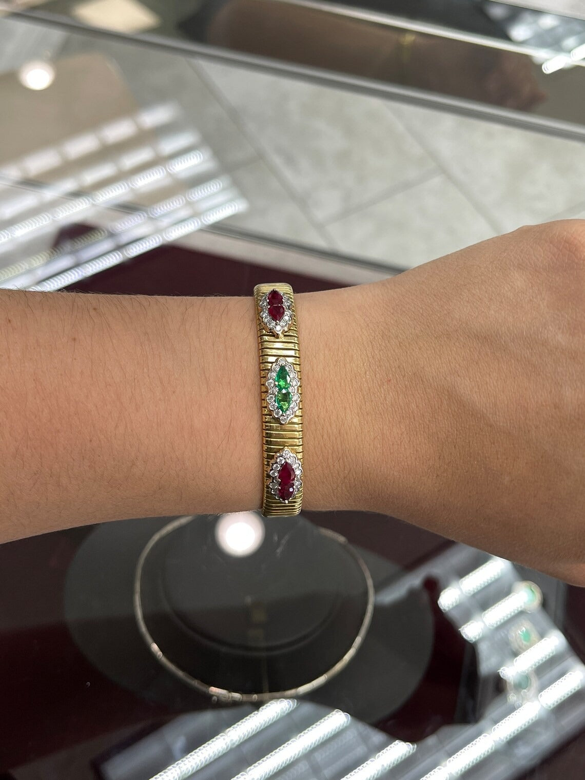 2.72tcw 18K Gold Natural Emerald Ruby Diamond Bangle Bracelet for Women - Elegant Jewelry Gift for Anniversary, Birthday & Special Occasions