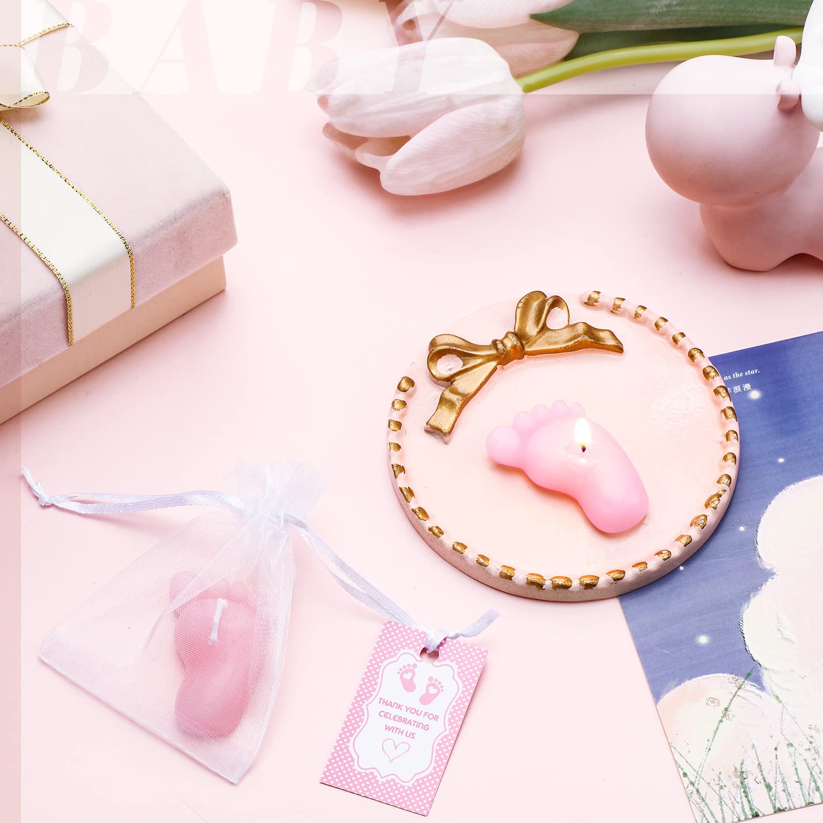 50 Pcs Pink Baby Footprint Candles - Gender Reveal & Baby Shower Favors with Gift Bags & Thank You Cards - Perfect for Newborn Celebrations, Party Decorations & Guest Gifts