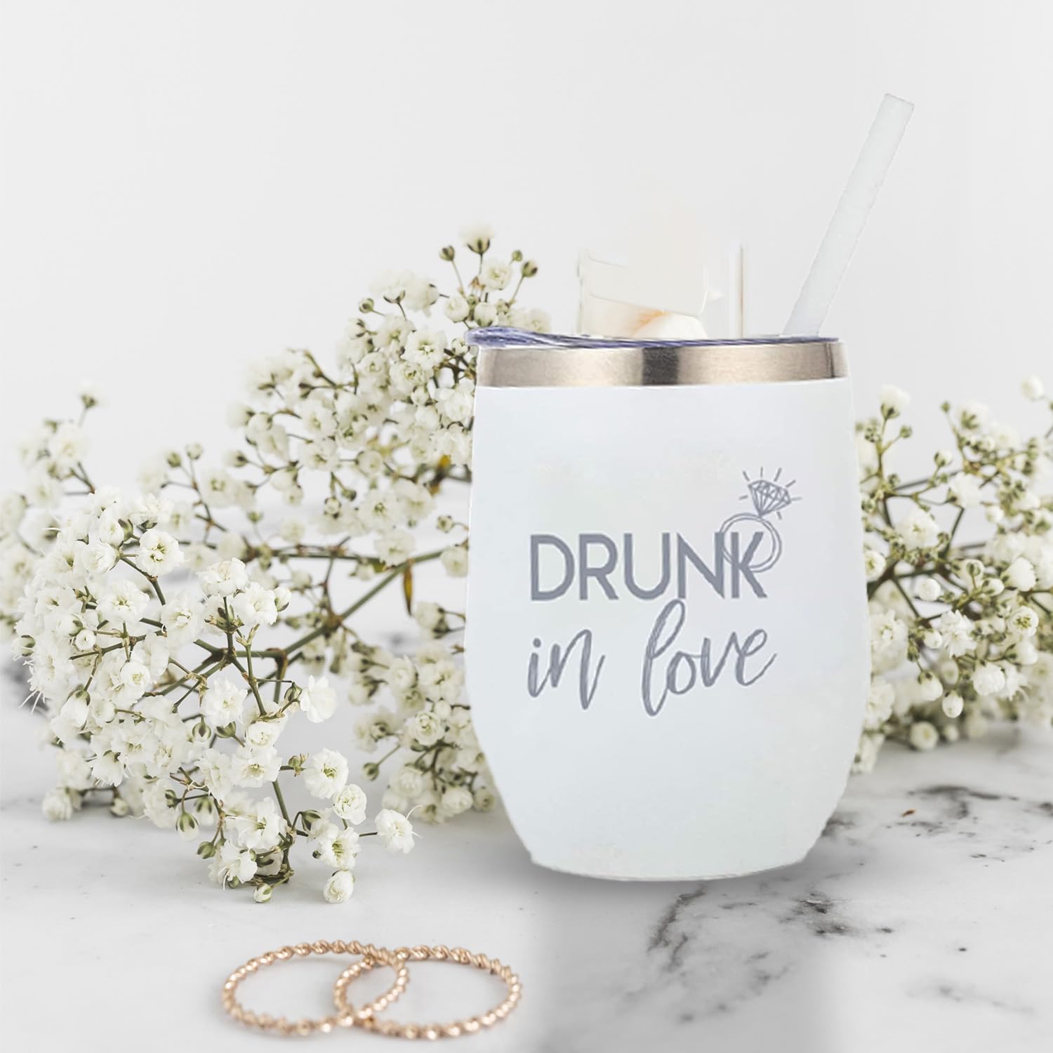 Drunk In Love Bride Stainless Steel Tumbler 12oz with Lid & Straw - Insulated Wine Cup for Engagement, Bachelorette & Wedding - Perfect Gift for Future Brides, Bridal Showers & Newlyweds - Great for Parties, Honeymoons & Romantic Celebrations