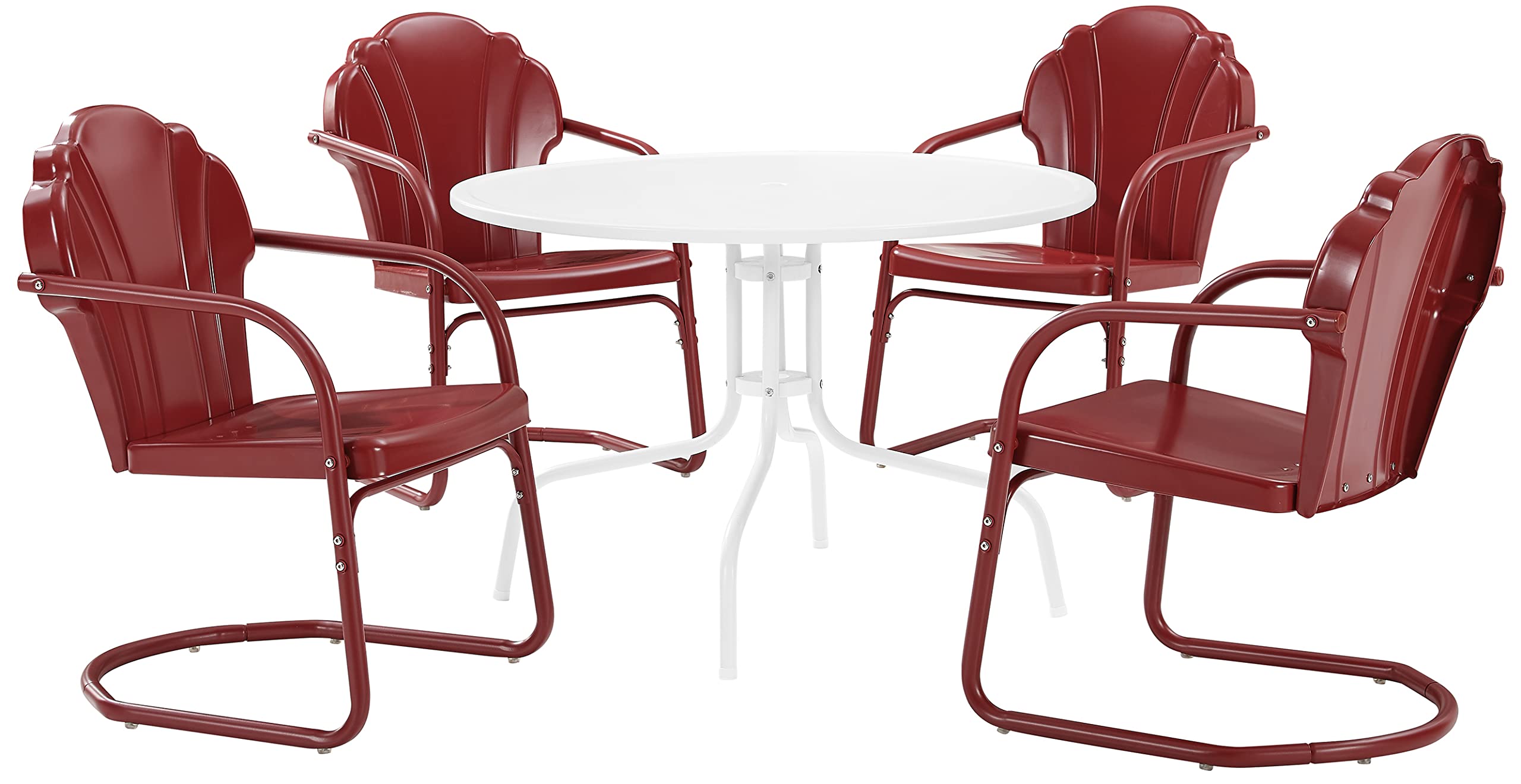 **Crosley Furniture Tulip 5-Piece Outdoor Dining Set for 4 - Retro Metal Round Patio Table & Chairs for Deck, Backyard, or Garden - Dark Red Satin Finish**    **Perfect for:** Outdoor dining, patio gatherings, backyard BBQs, garden parties, and relaxing on the deck.