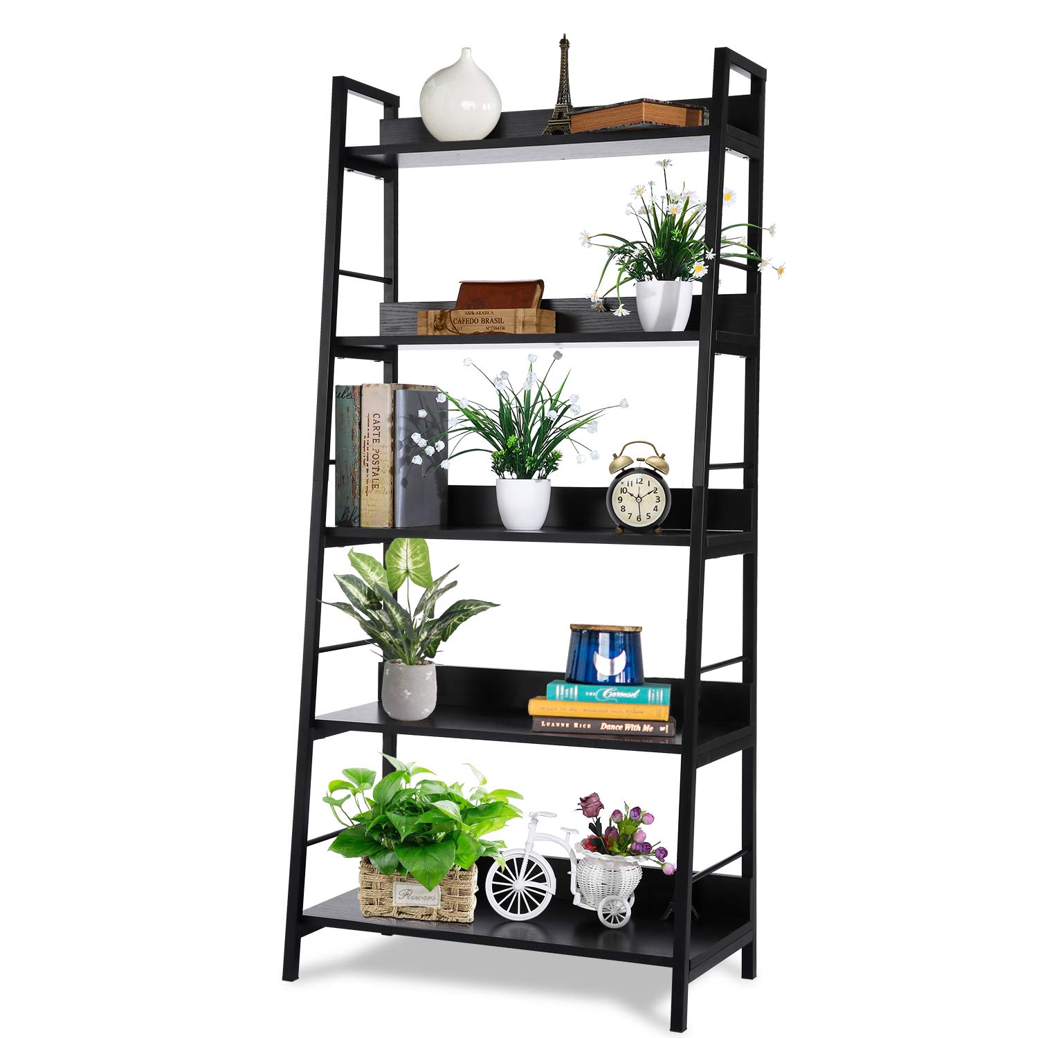Homdox 5-Tier Industrial Ladder Shelf - Wood & Metal Bookcase, Plant Stand, Storage Shelves for Home, Office & Living Room Decor | Perfect for Books, Plants & Display Organizing