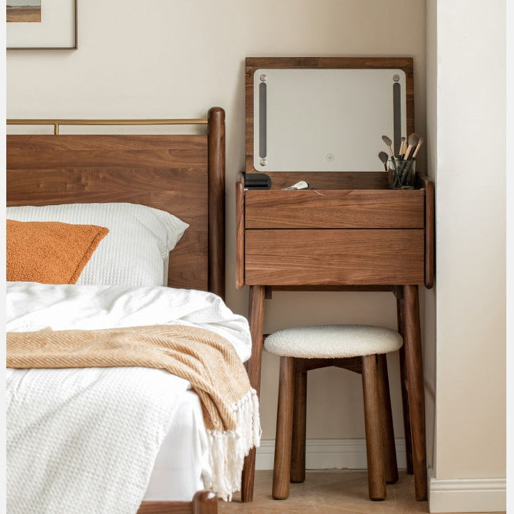 Solid Black Walnut Wood Mirror Dressing Table - Elegant Vanity Desk for Bedroom, Bathroom & Makeup Area