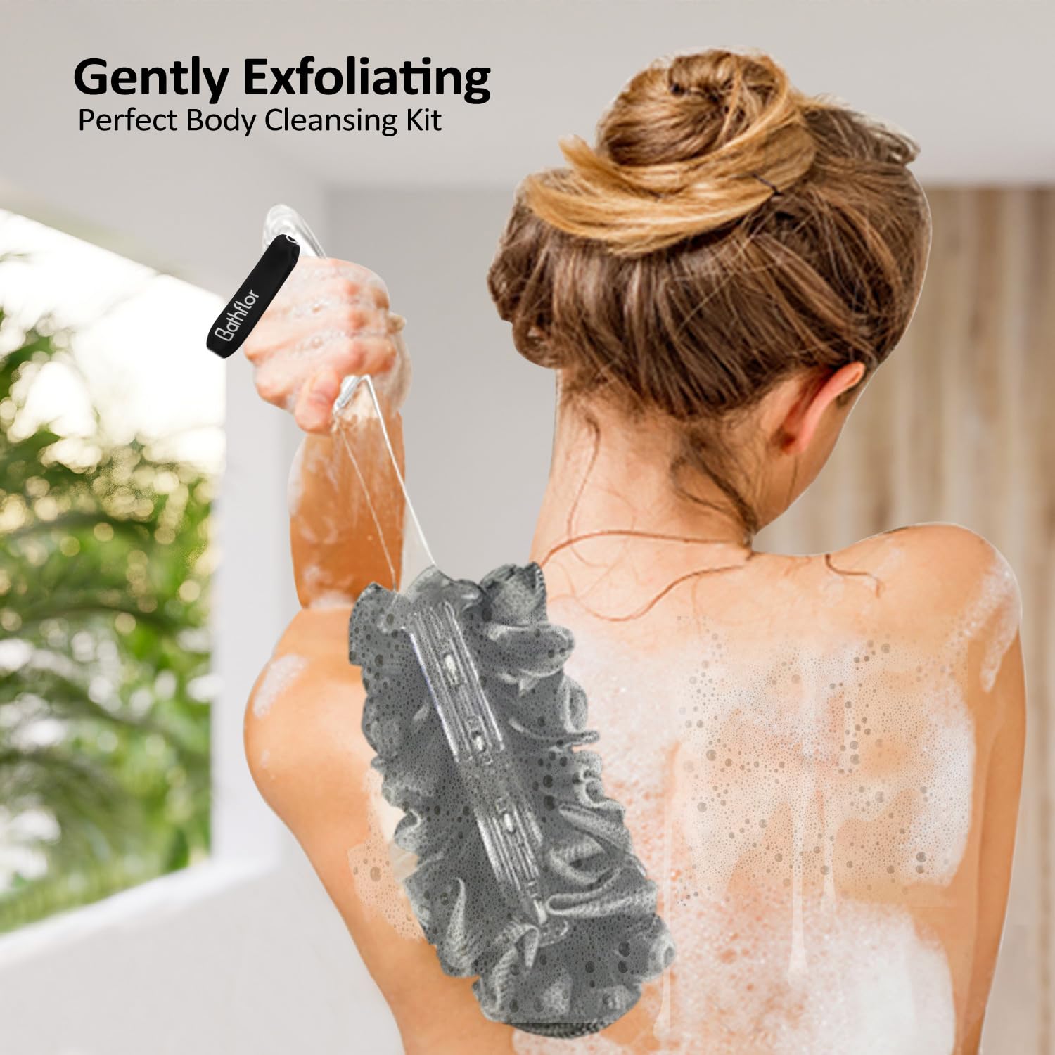 Premium Exfoliating Loofah Sponge Set - 4 Large 80g Shower Poufs + Back Scrubber with Long Handle + Luffa Hook - Charcoal Body Wash Scrub for Deep Cleansing - Perfect for Spa, Bath & Shower - Ideal Gift for Women & Men