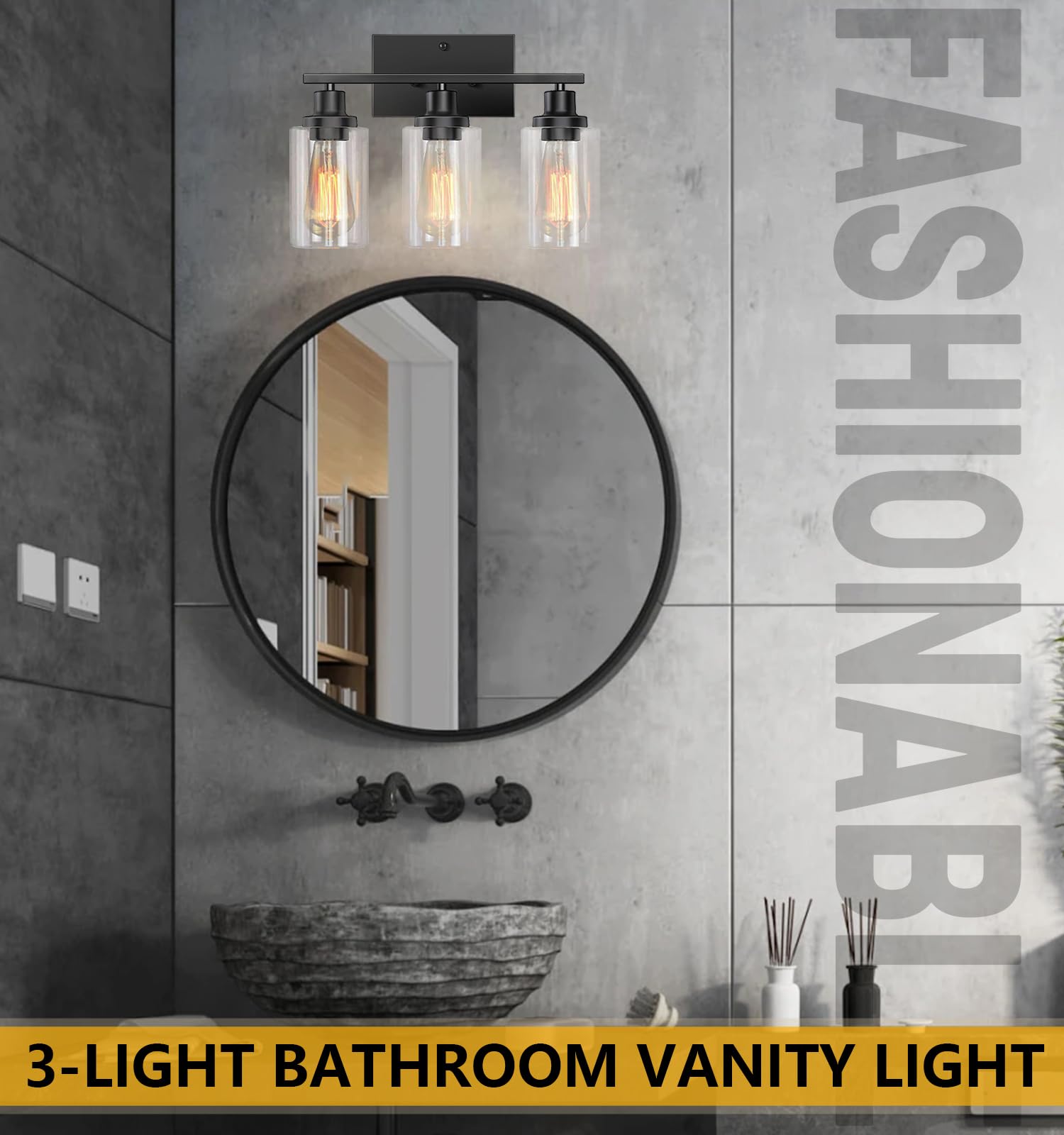 Modern Black 3-Light Bathroom Vanity Light Fixture with Clear Glass Shade - Metal Frame Wall Lamp for Bedroom, Washroom, Living Room & Hallway - E26 Base - Perfect for Bathroom Makeover & Home Decor Lighting