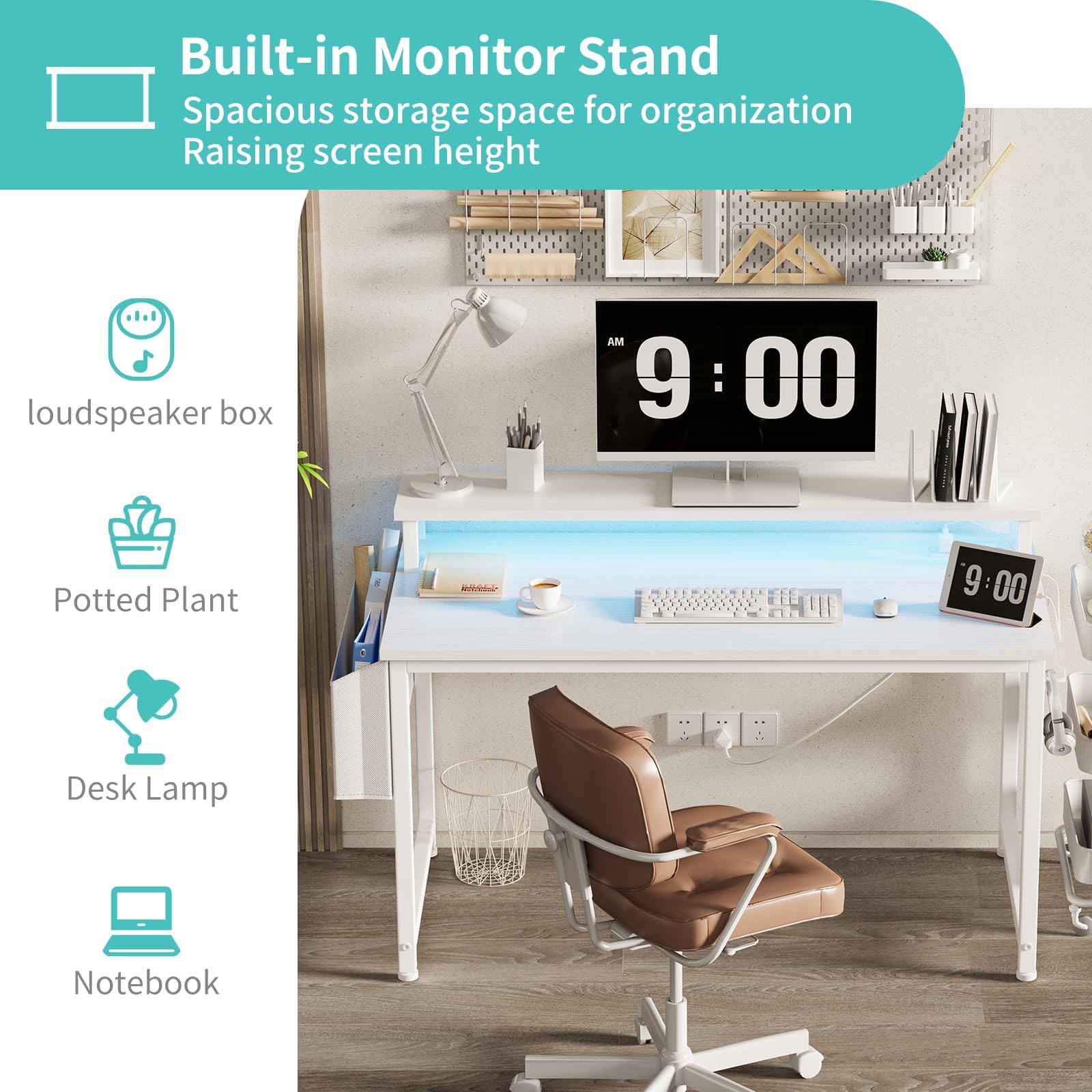 Lufeiya 40 Inch White LED Computer Desk with Power Outlets & Charging Station - Modern Home Office Desk with Monitor Stand, Study Table & Gaming Desk for Teens & Adults - Perfect for Small Spaces, Remote Work & Online Classes