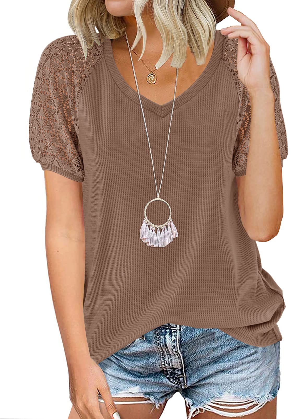 MEROKEETY Women's Summer Lace Short Sleeve V-Neck Blouse - Loose Casual Waffle Knit Top for Beach, Vacation & Everyday Wear