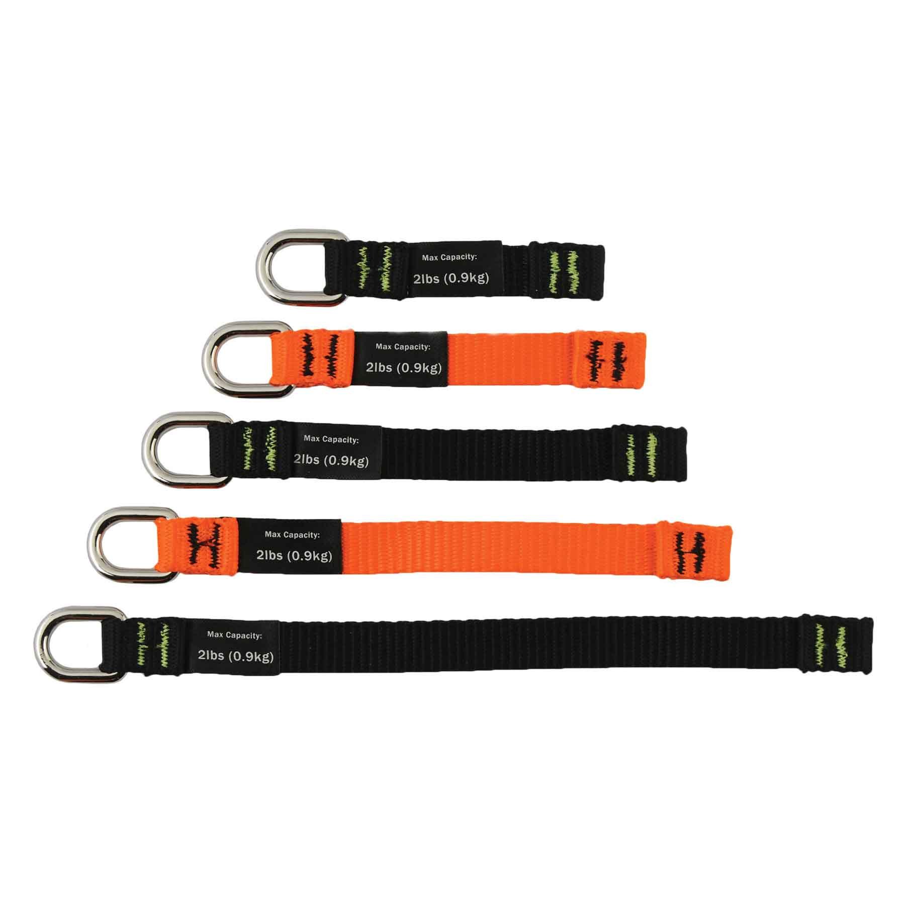 Ergodyne Squids 3700 Web Tool Tail Attachments - 5-Pack (2 lbs) - Multi-Size Black/Orange for Construction, Roofing & Utility Work