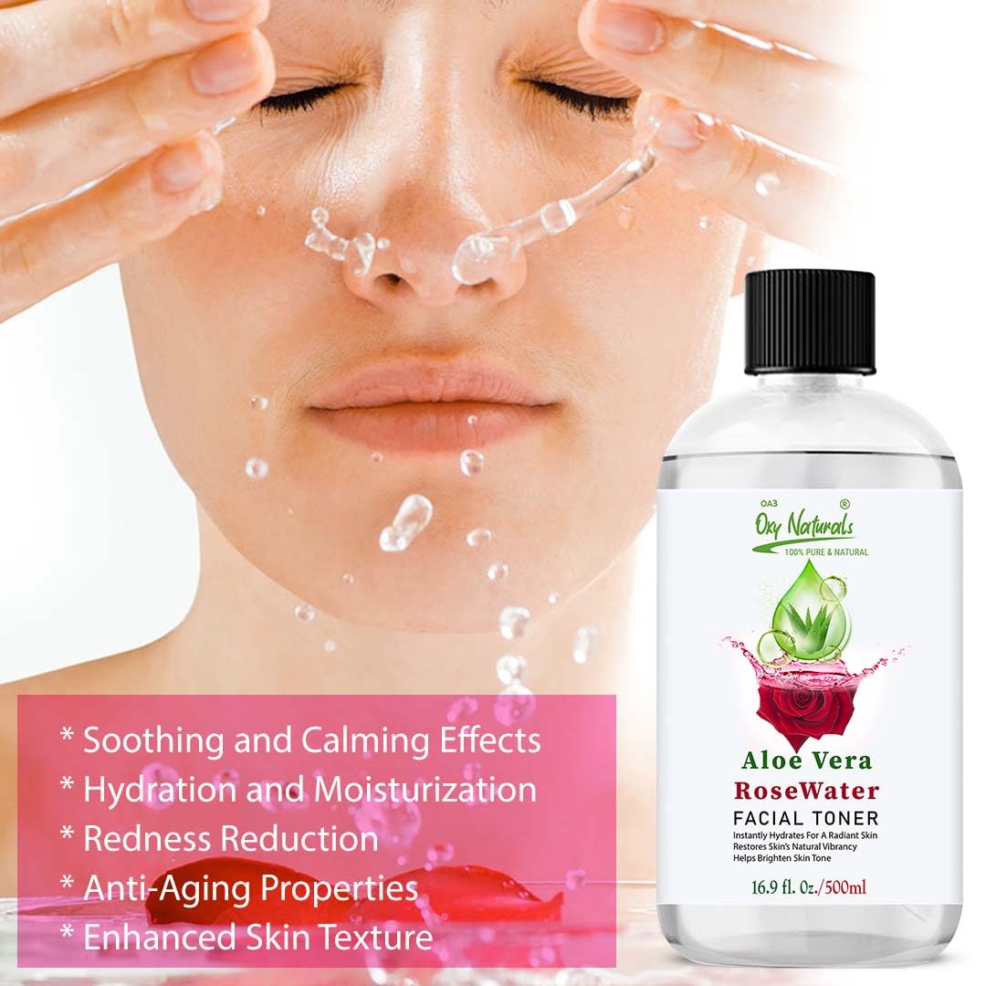 **Organic Aloe Vera Gel & Rose Water Facial Toner 500ml - Hydrating, Cooling & Glowing Skin Mist for Moisturizing & Soothing - Perfect for Face, Body & Hair - Ideal for Daily Skincare, Sunburn Relief & Makeup Setting**