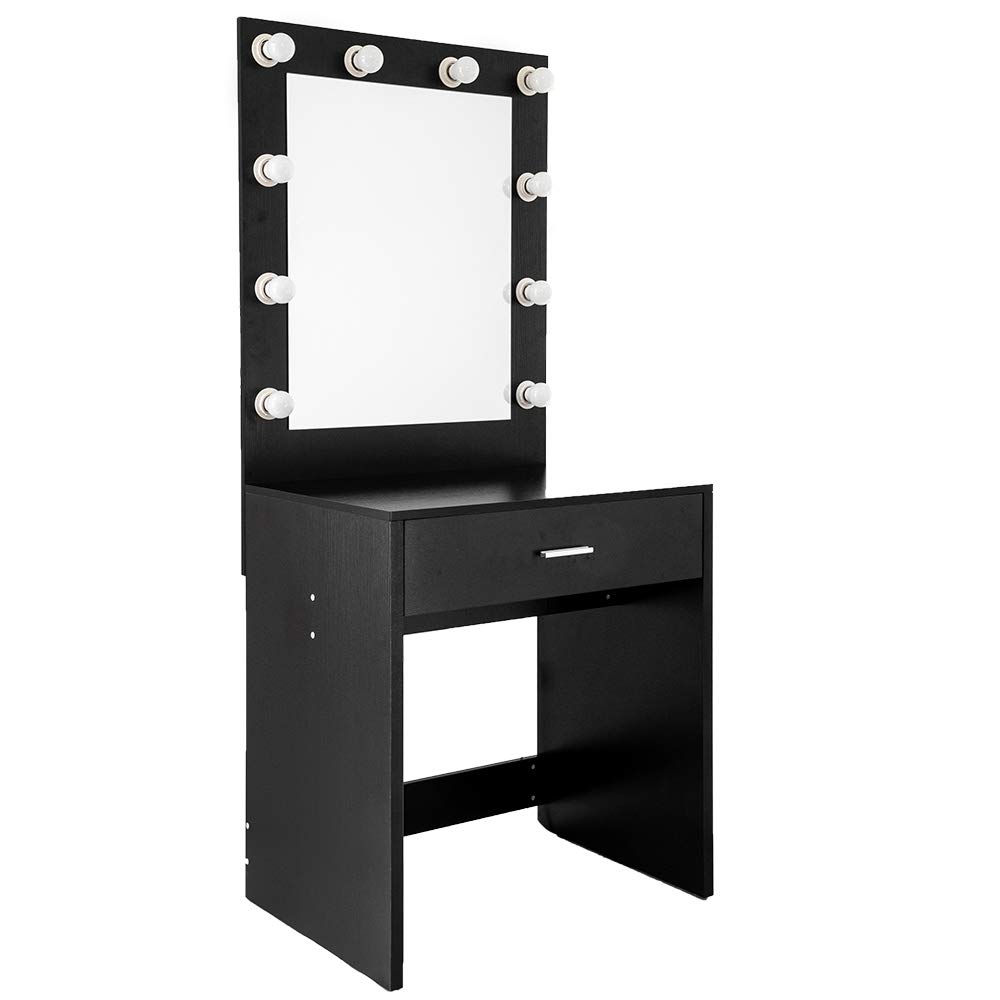Modern LED Vanity Set with Lighted Mirror & 10 Bulbs - Makeup Dressing Table with Large Drawer, Black Makeup Desk for Bedroom | Perfect for Beauty Routines & Home Decor (Warm White Light)