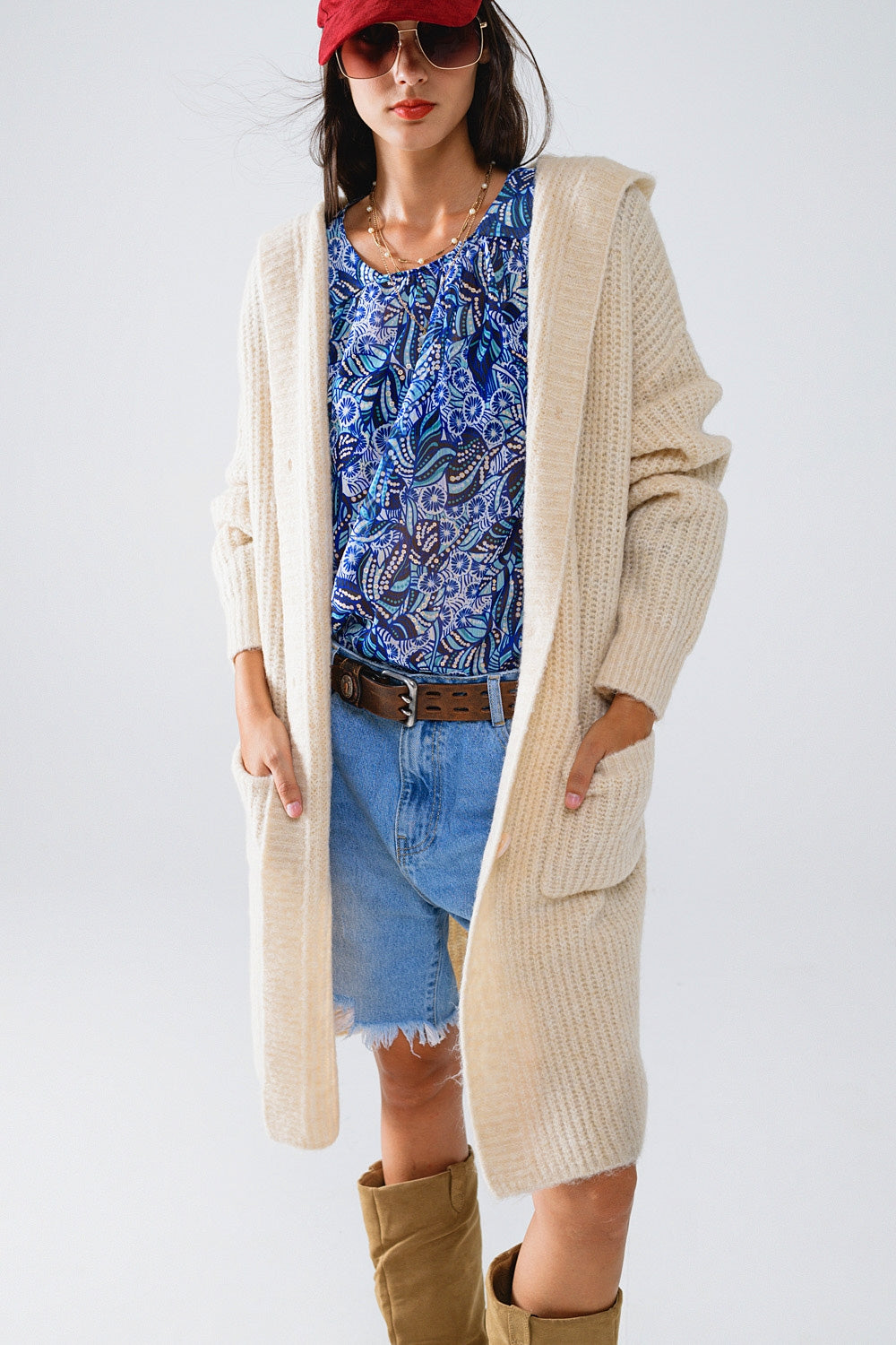 Soft Cream Knit Long Cardigan with Pockets and Hood - Cozy Winter Sweater for Women, Perfect for Casual Outfits & Layering in Cold Weather