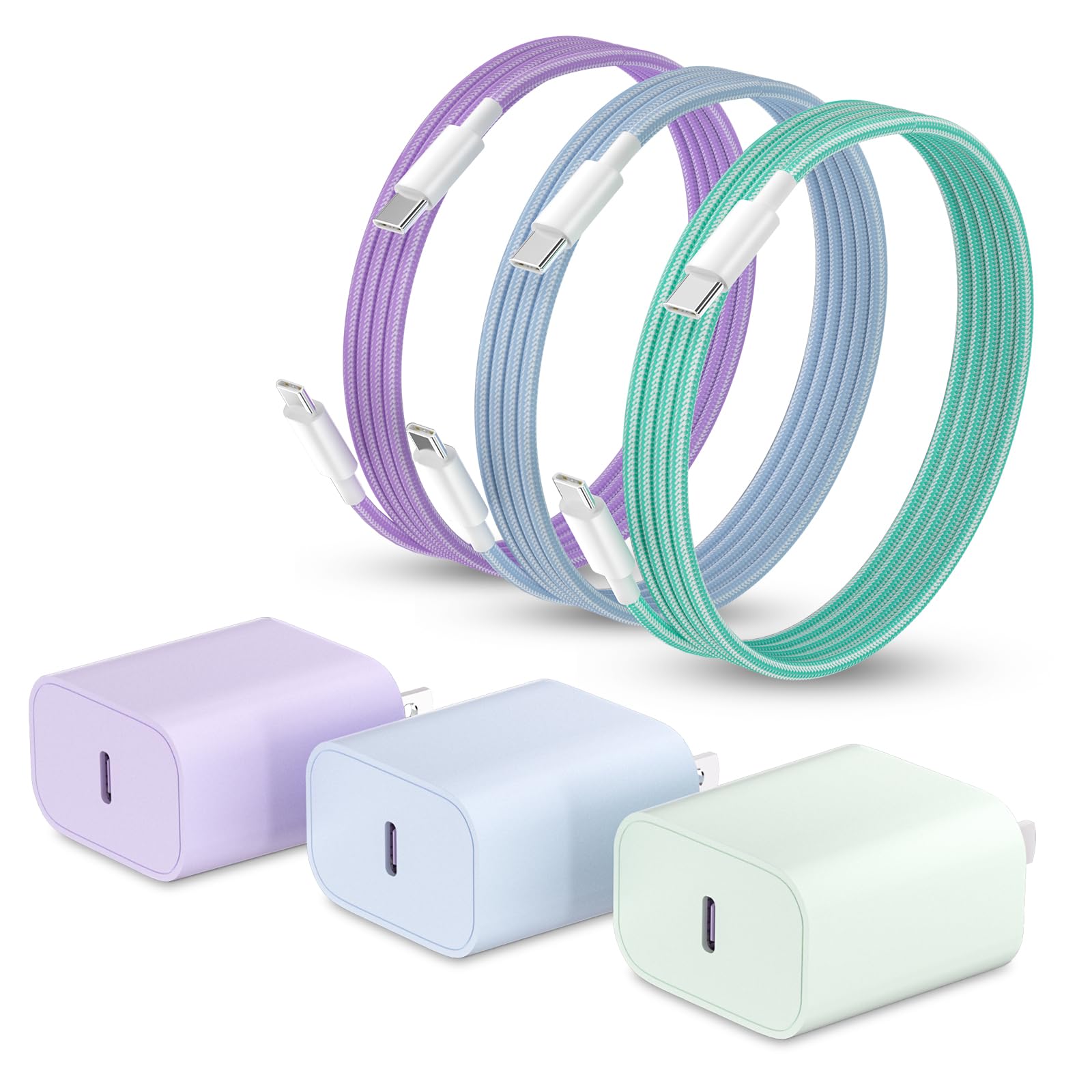 20W USB C Fast Charger for iPhone 16/15 Pro/15 Pro Max - 3 Pack Colorful Charging Blocks with 10FT Nylon Braided USB C to C Cable - Compatible with iPad Pro 12.9/Air/Mini - Perfect for Home, Office & Travel Charging