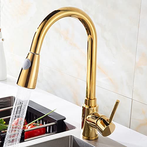 InArt Brass Single Lever Kitchen Sink Mixer - 360° Rotatable Pull Out Kitchen Faucet with Sprayer, Gold Finish | Perfect for Modern Home Kitchen, Restaurant & RV Use