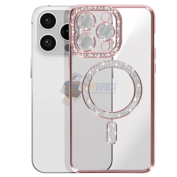 iPhone 15 Pro Case - Shockproof Clear Luxury Magnetic Cover with Diamond Glitter Design (Pink) - Perfect for Everyday Protection & Wireless Charging