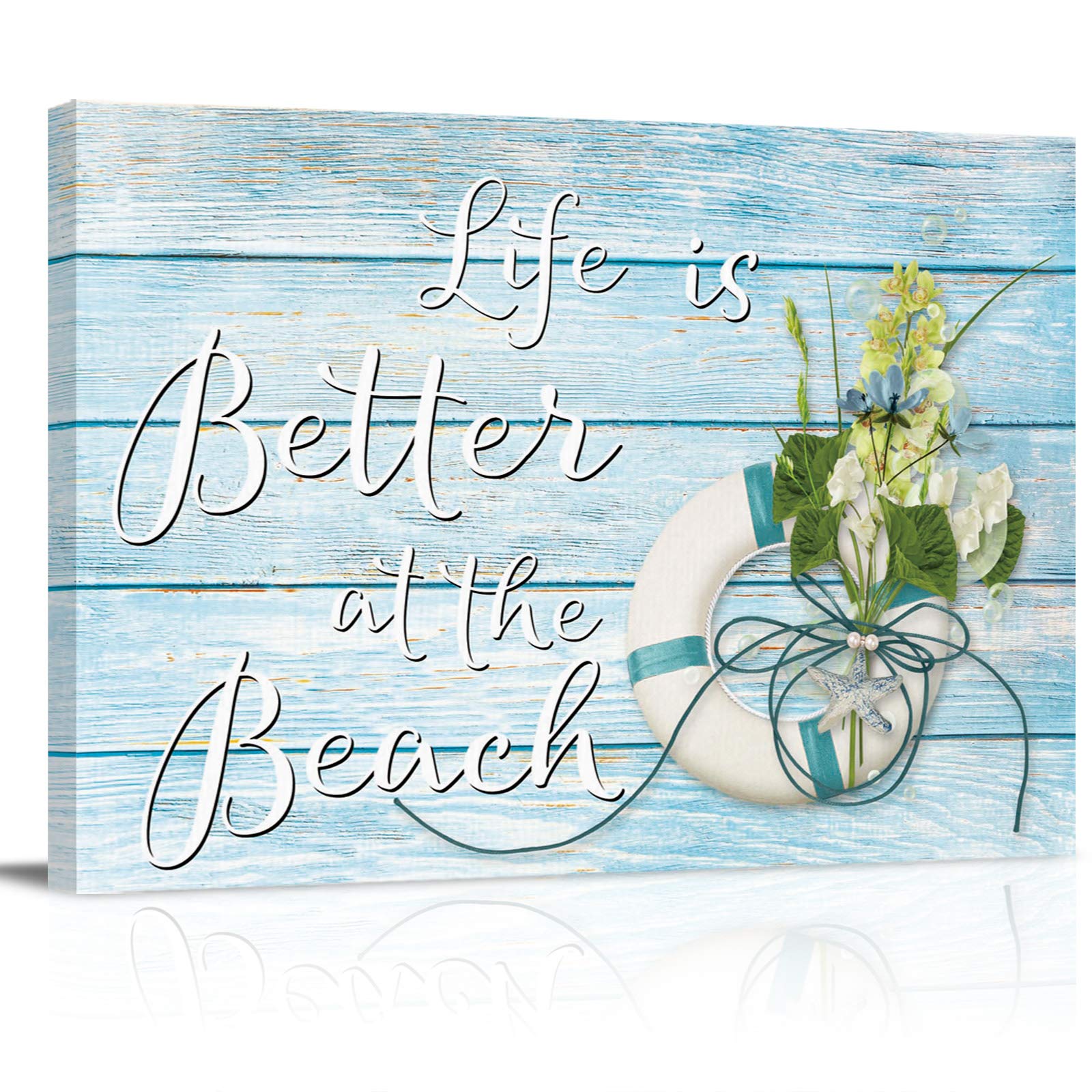 20x28 Inch Summer Theme Canvas Print - Wooden Framed Wall Art with Floral Swimming Ring Beach Design in Wood Grain Blue - Perfect for Kitchen, Bedroom, Living Room & Bathroom Decor - Ideal for Beach House, Vacation Home or Coastal Style Interior Design