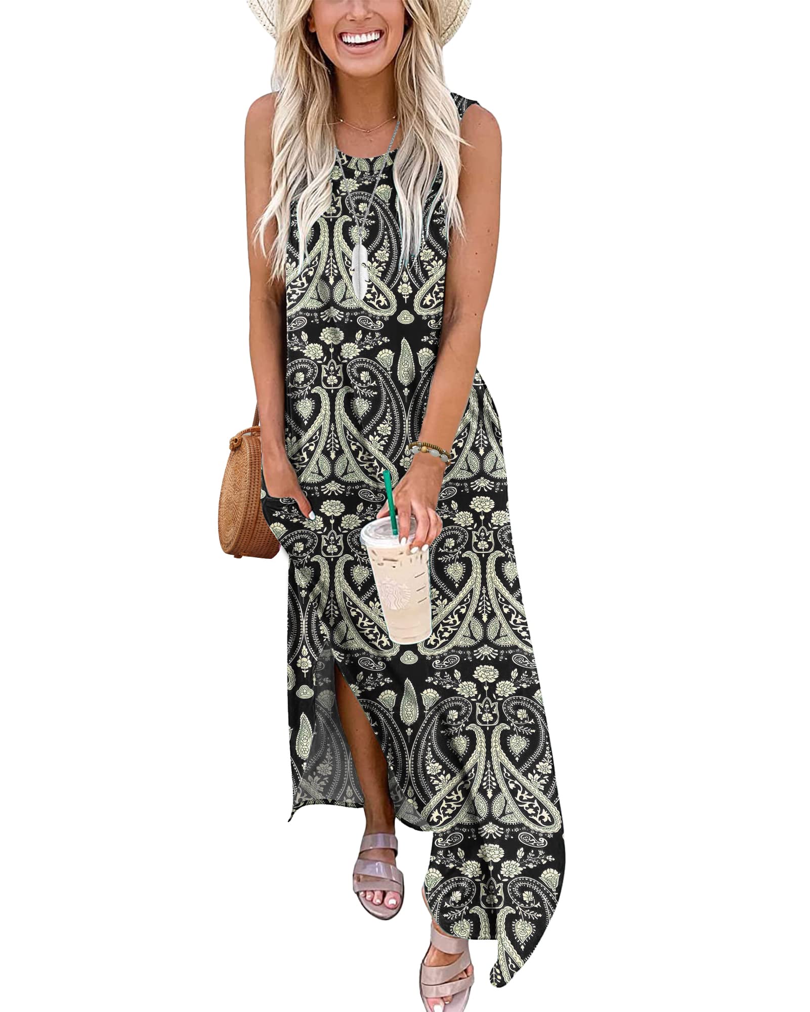 Stylish AUSELILY Women's Maxi Dress - Casual Summer Long Dress with Pockets | Perfect for Beach Cover-Ups, Sun Dresses & Vacation Wear | Sleeveless Tank Dress for Women | UK Sizing