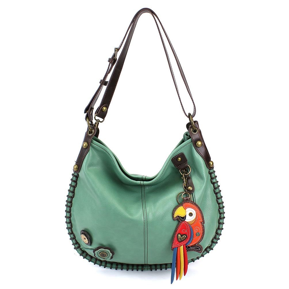Chala Charming Hobo Crossbody Bag - Red Parrot Print in Teal | Stylish Women's Shoulder Purse for Casual Outings & Travel