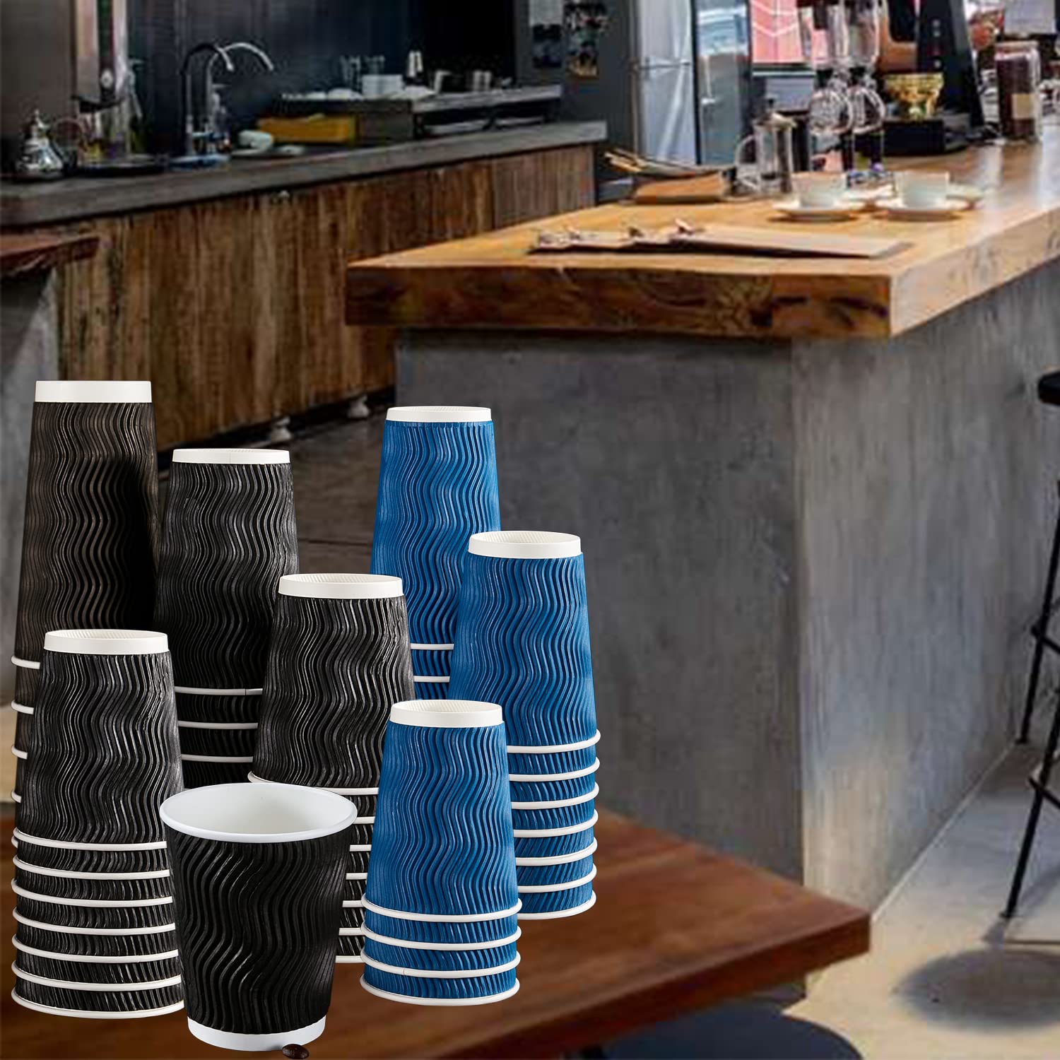 Lamosi 12 oz Disposable Paper Coffee Cups - 120 Pack, Insulated Corrugated Kraft Ripple Wall Cups for Hot & Cold Beverages (Navy) | Perfect for Coffee Shops, Offices, Parties & Events