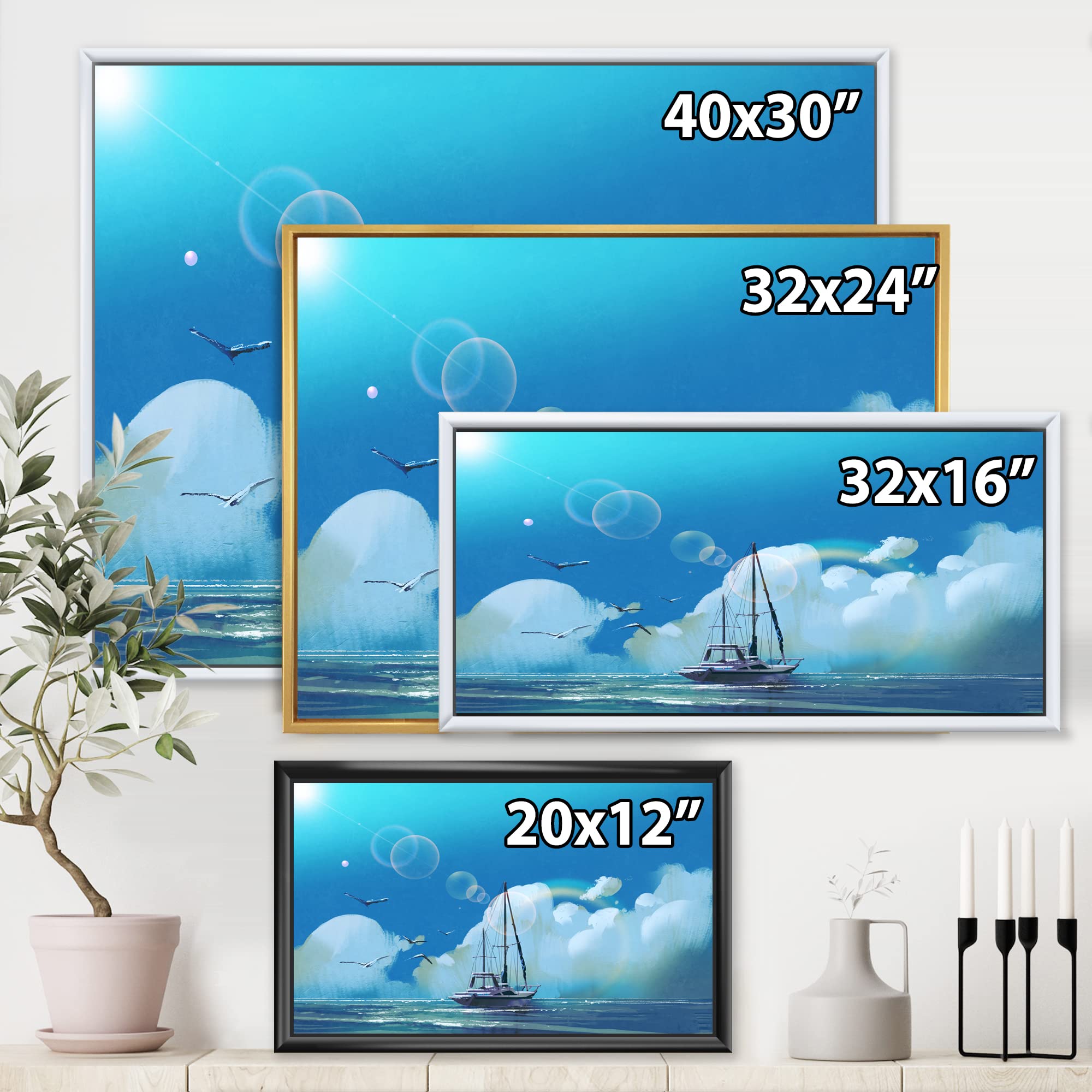 Sailboat on Blue Sea Against Summer Sky - Coastal Framed Canvas Wall Art Print for Beach House Decor | Nautical Themed Living Room & Bedroom Wall Decor