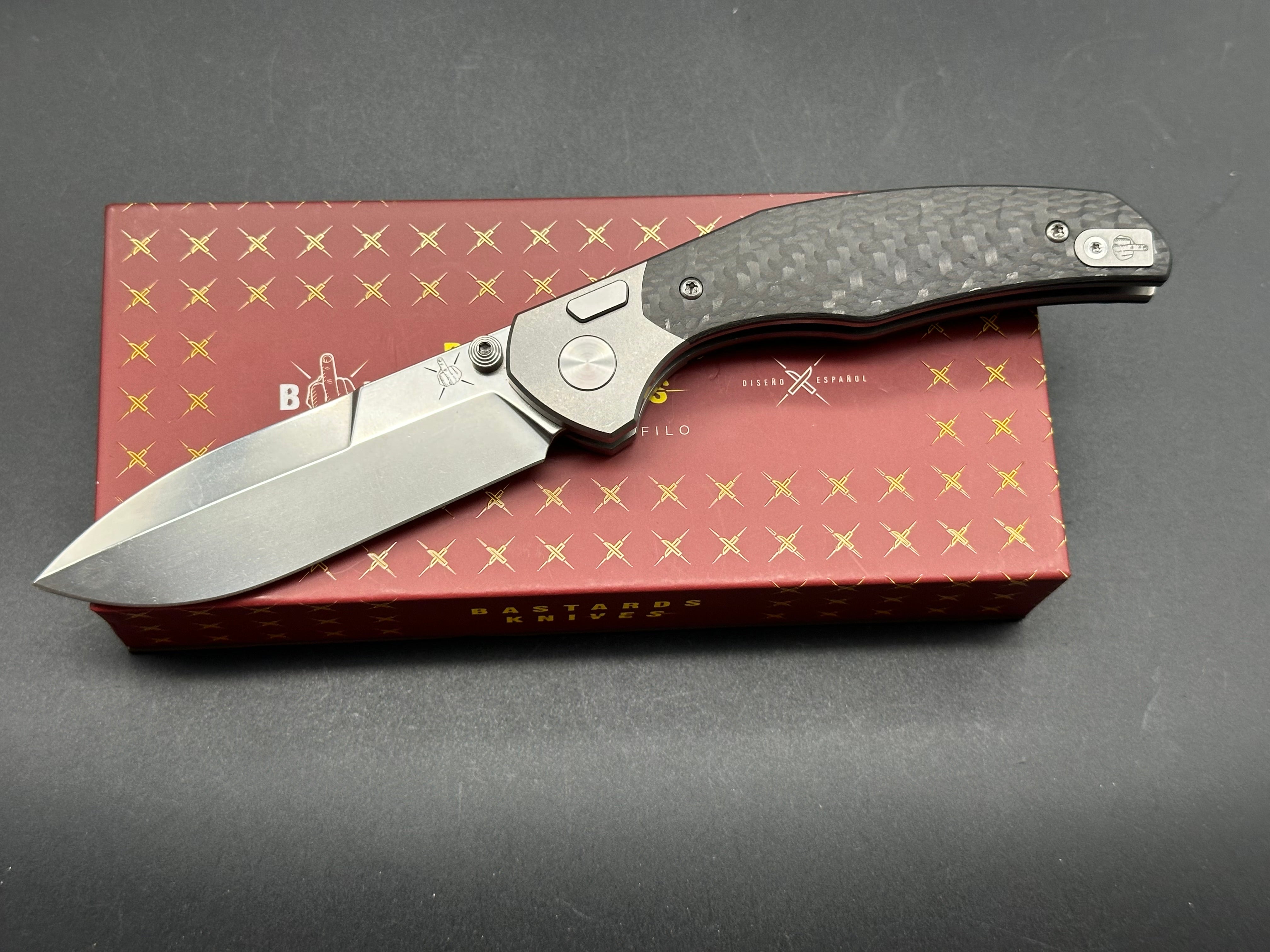 BASTARD KNIVES UTOPIA Button Lock Pocket Knife - M390 Blade, Carbon Fiber & Titanium Handle - EDC Folding Knife for Outdoor, Camping & Everyday Carry