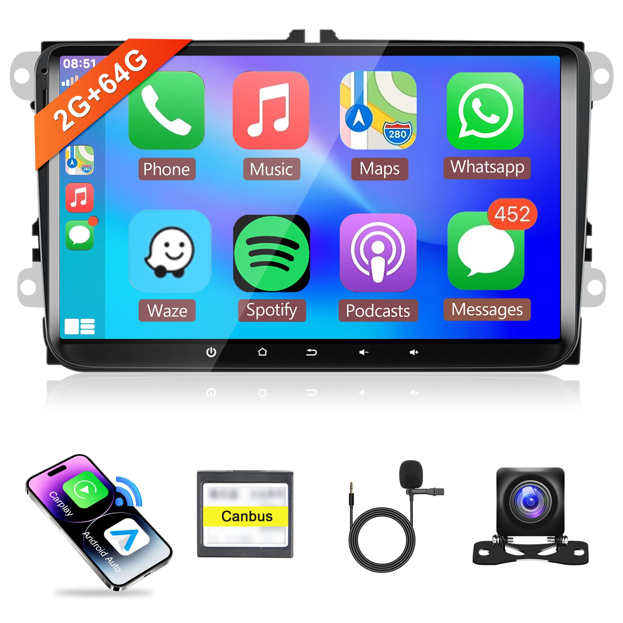 Rimoody 9 Inch 2 Din Android Car Stereo for VW Passat Jetta Golf Skoda Polo Tiguan Beetle - 2+64GB, Wireless CarPlay/Android Auto, Bluetooth, GPS, WiFi, AHD Backup Camera, MIC - Perfect for Upgrading Your VW Audio System & Safe Driving