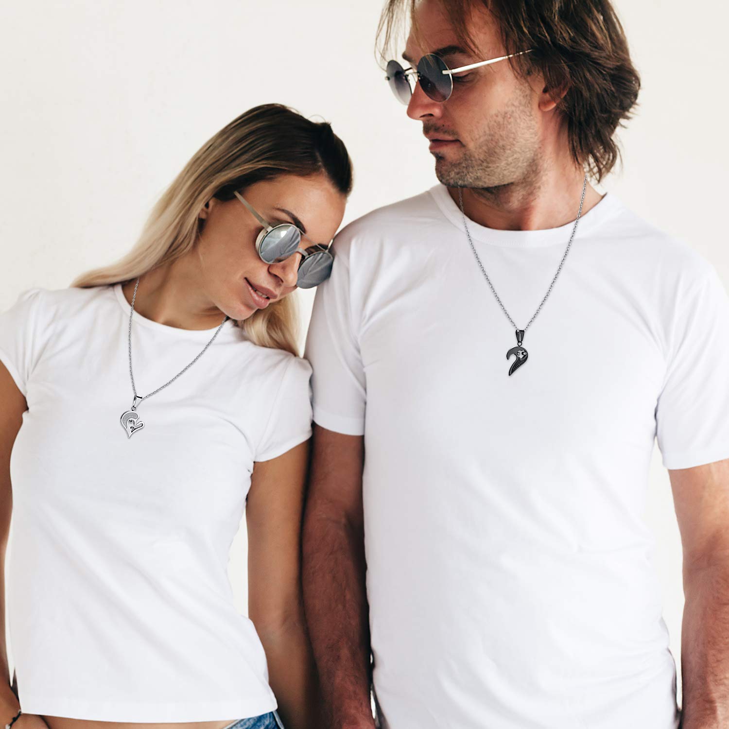 **Cupimatch 2 Pairs Couple Matching Necklace & Bracelet Set - Adjustable Stainless Steel I Love You Heart Puzzle Necklace & His Hers Bracelets - King & Queen CZ Relationship Jewelry for Anniversaries, Valentine's Day & Romantic Gifts**