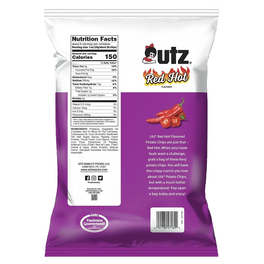 Utz Red Hot Flavored Potato Chips - Family Size (3 Bags) | Spicy Snack for Parties, Game Nights & Office Breakrooms | Crunchy & Flavorful