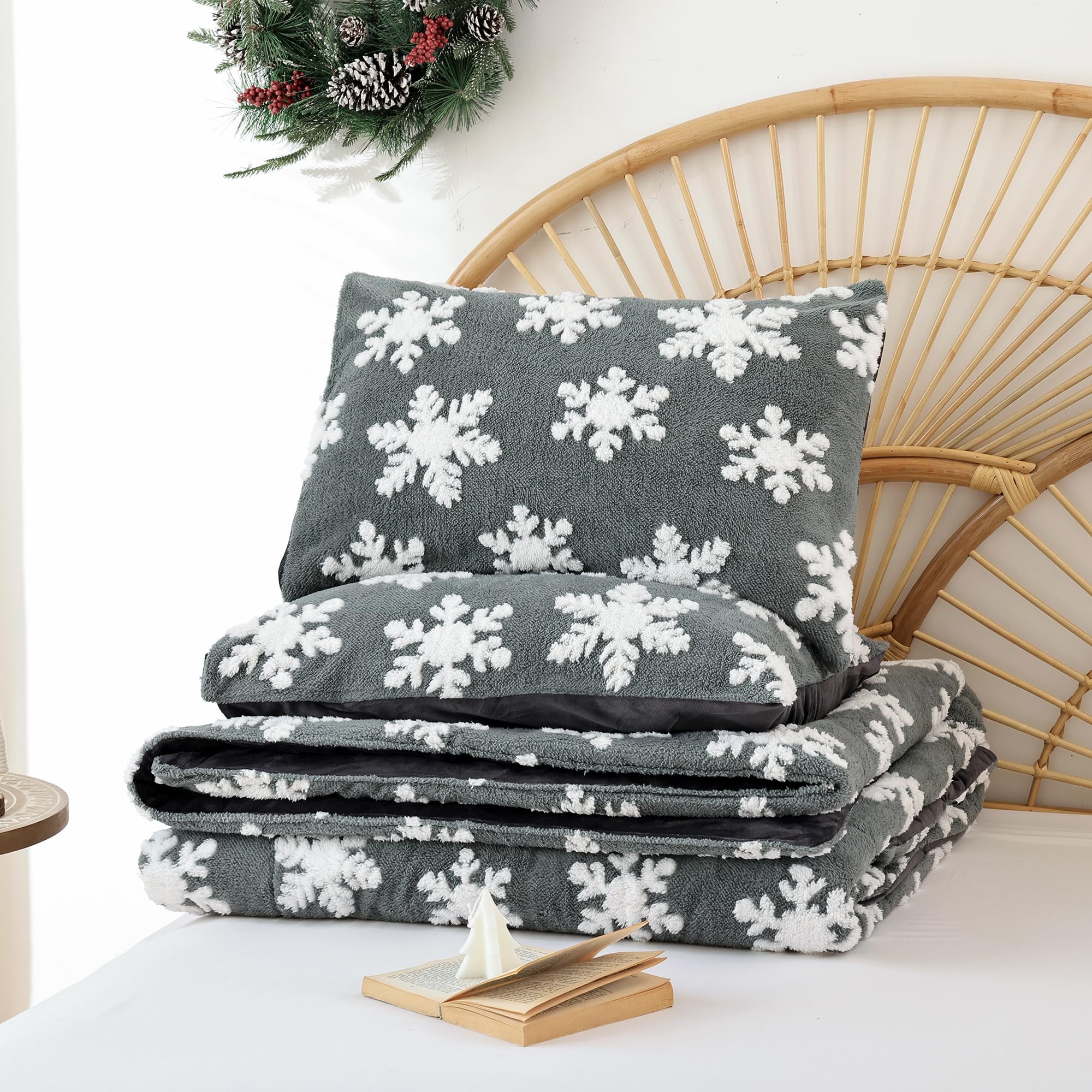 JANZAA Grey Velvet Christmas Comforter Set Queen - 3 Piece Soft Fluffy Bedding with White Snowflake Design for Holiday Decor & Cozy Winter Nights
