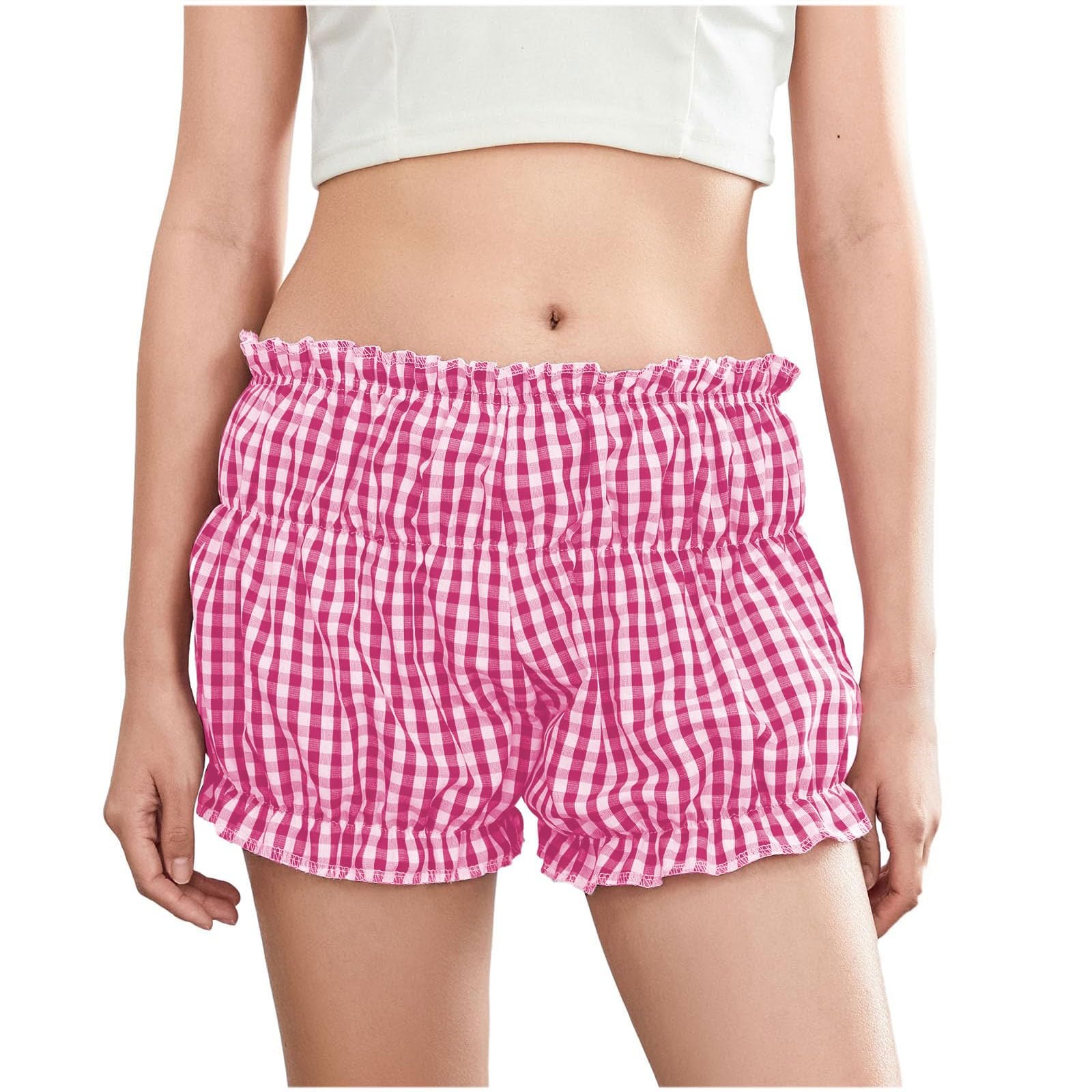 Y2K Fashion Pumpkin Plaid Print Puffy Shorts for Women - Low Rise Elastic Waist Ruffle Casual Shorts & Sleepwear | Perfect for Summer Outfits, Lounge Wear and Vintage Style PJs