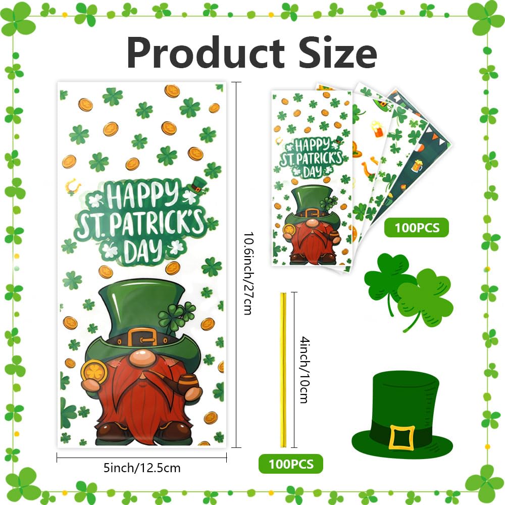 St. Patrick's Day Green Shamrock Cellophane Treat Bags - 100PCS with Twist Ties for Candy, Gifts & Party Favors | Perfect for St. Patrick's Day Celebrations, Irish Themed Parties, Classroom Treats & Holiday Goodie Bags