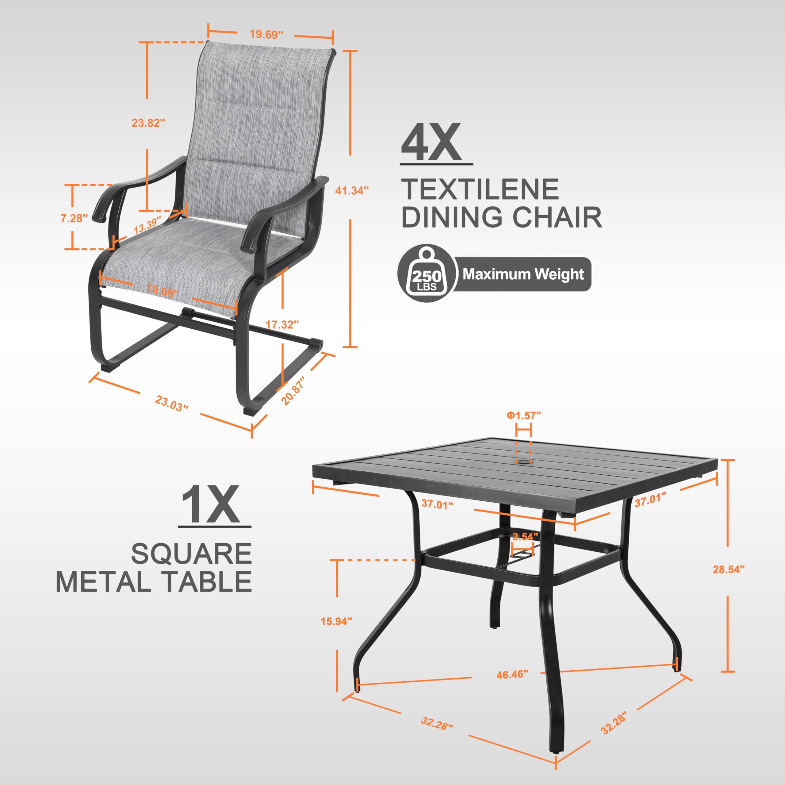 NUU GARDEN 5-Piece Outdoor Dining Set - 4 All-Weather Textilene Padded Patio Chairs & 37