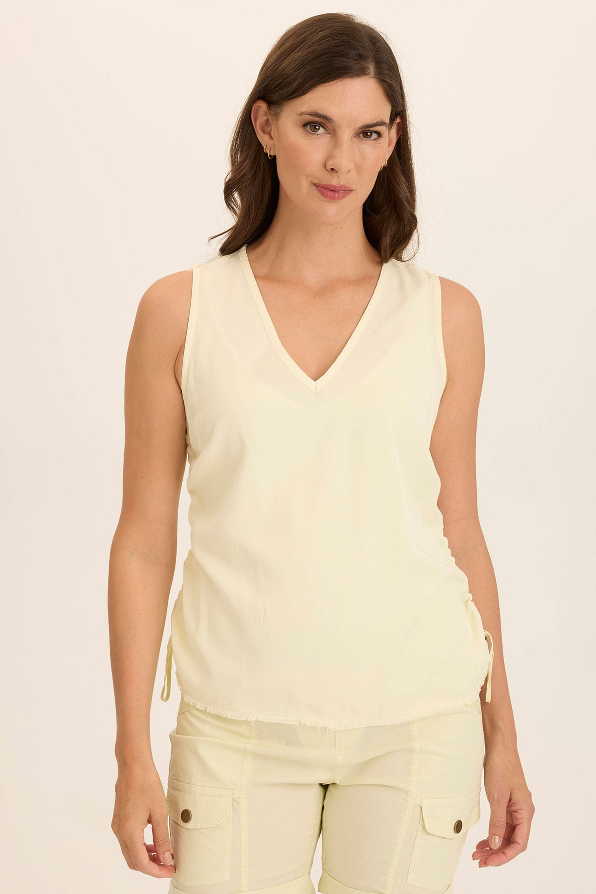 Ileana Cinched Soft Twill V Neck Tank Top for Women - Comfortable Stretchy Casual Summer Blouse for Work & Weekend Outings