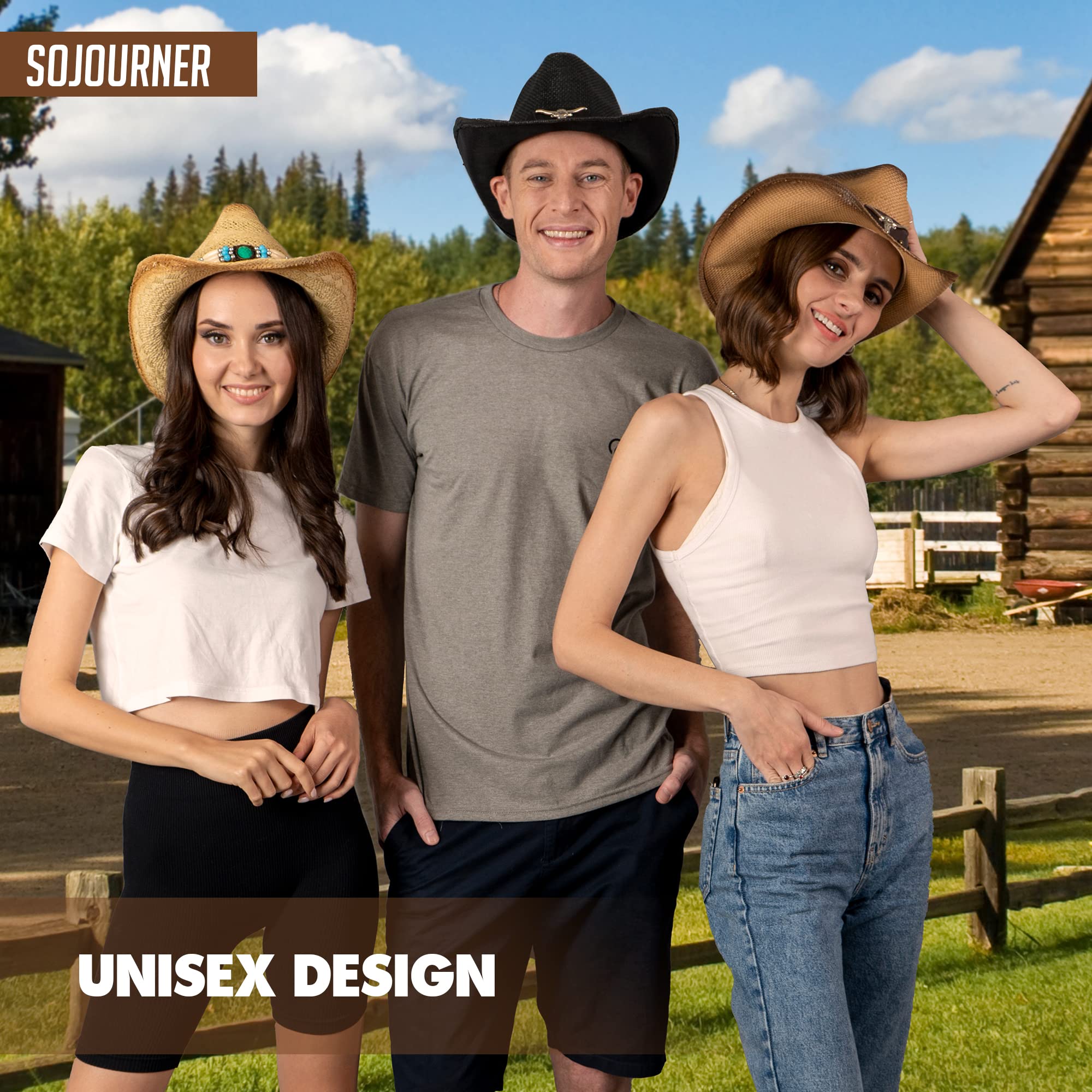 SoJourner Adjustable Cowboy Hat for Men & Women - Wide Brim Western Cowgirl Hat, Sun Protection Outdoor Rodeo Hat for Country Music Festivals, Horse Riding, and Ranch Work