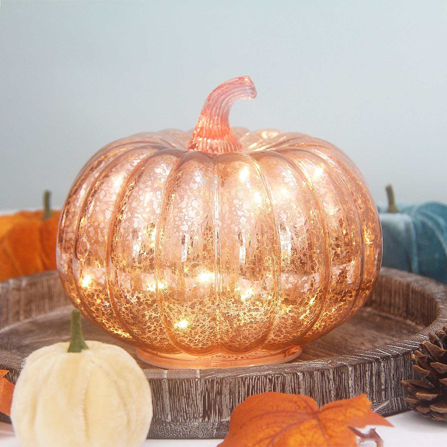 Mercury Glass Pumpkin Light with Timer - Battery Operated LED Pumpkin with 10 Warm White Fairy Lights Inside | Perfect for Halloween Decorations, Fall Centerpiece, Thanksgiving Table Decor, Christmas Home Decor & Rustic Wedding Accents (Rose Gold)