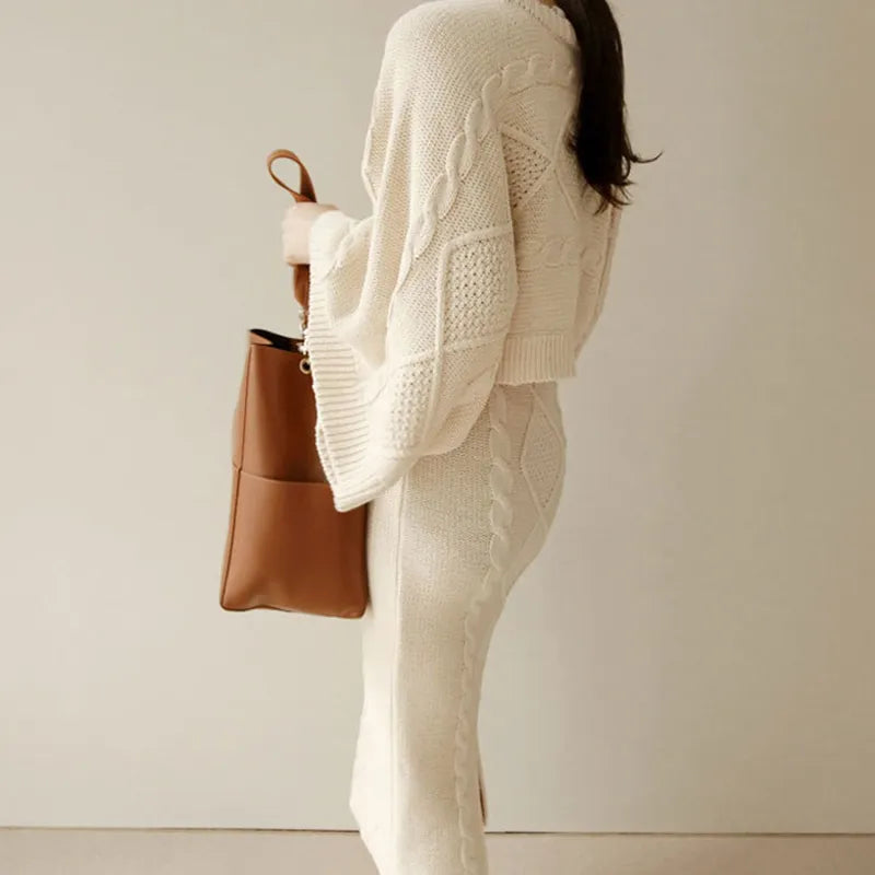 Elegant Women's Knit Sweater and Midi Skirt 2-Piece Set - Winter Warm Long Sleeve Pullover & Flared Skirt Outfit for Fall, Office Wear, Date Night & Holiday Parties