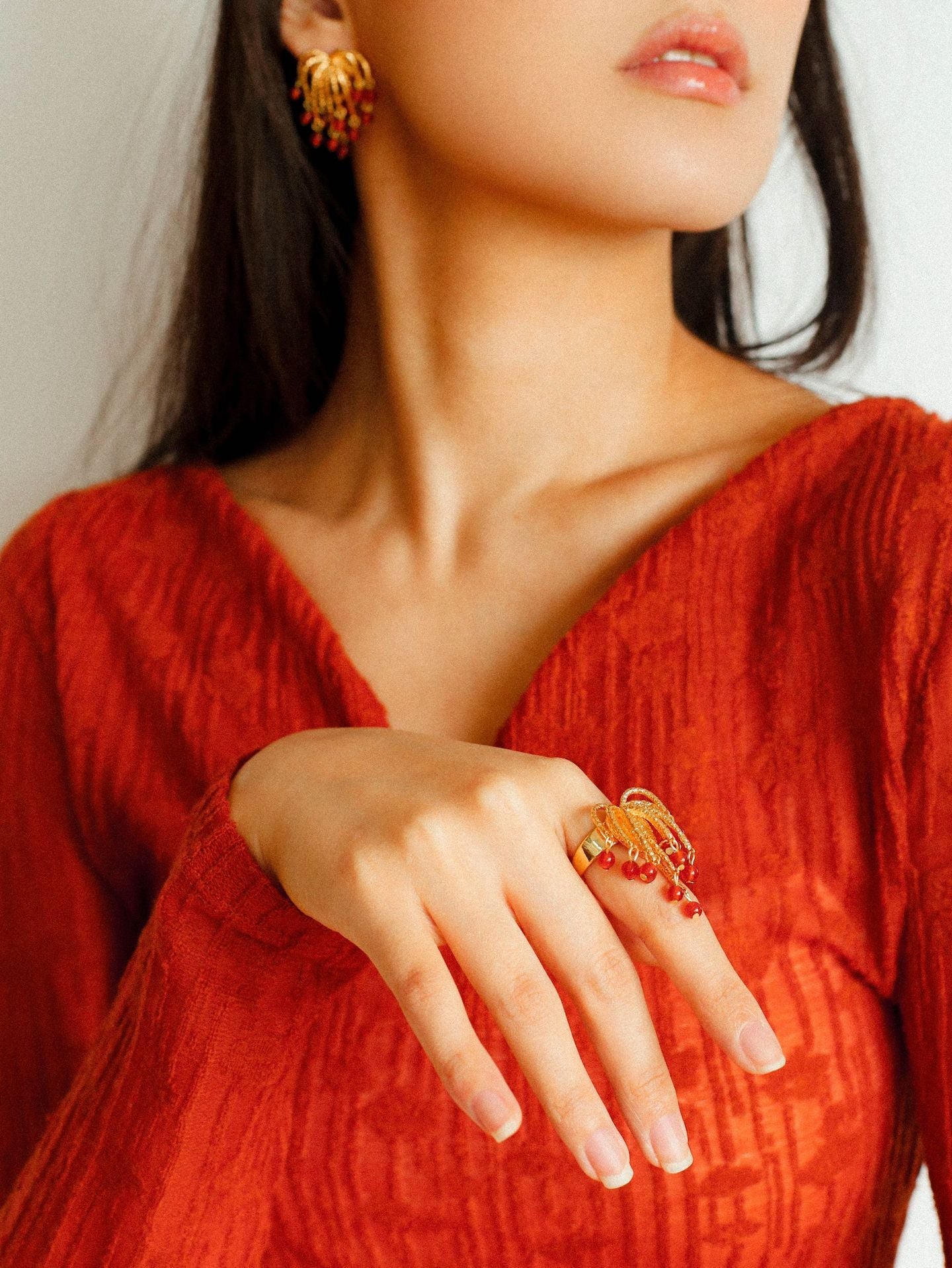 Firework Blossom Pearl Red Agate Ring for Women - Elegant Bohemian Jewelry for Party, Wedding & Special Occasions