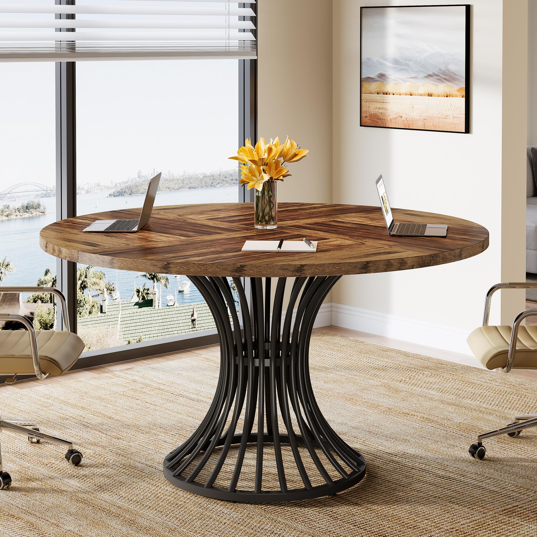 Tribesigns 47-Inch Round Conference Table for 4-6 People - Thickened Wood Tabletop & Sturdy Metal Base - Industrial Style Office Meeting Table in Rustic Brown - Perfect for Small Conference Rooms, Team Meetings & Collaborative Workspaces