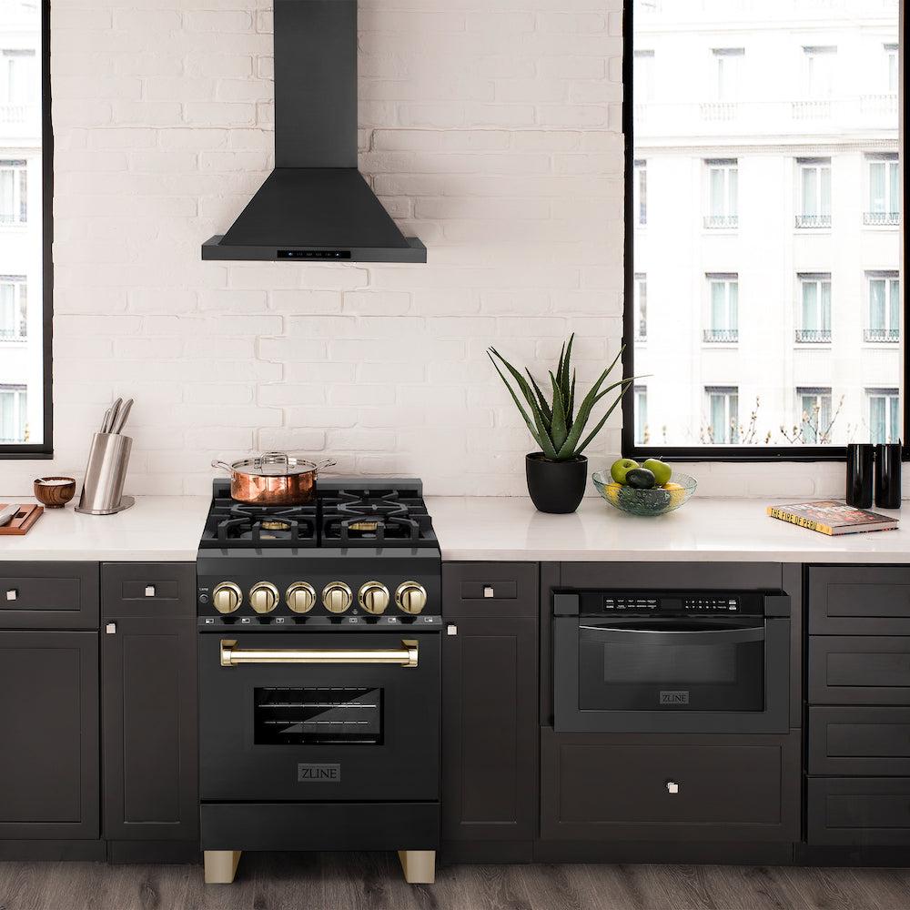 ZLINE Autograph Edition 24 Inch 2.8 Cu Ft Dual Fuel Range with 4 Burner Gas Cooktop & Electric Convection Oven - Black Stainless Steel with Polished Gold Accents (RABZ 24 G) | Professional Kitchen Appliance for Home Chefs & Cooking Enthusiasts