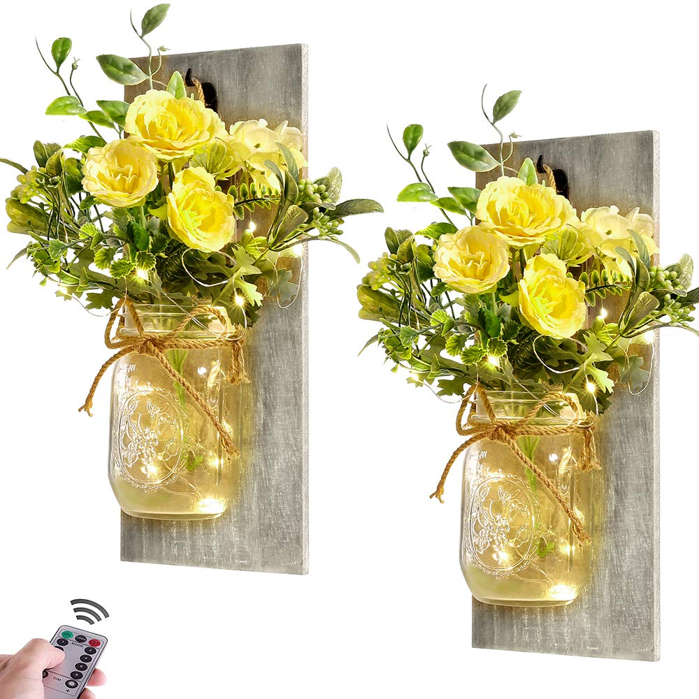 Rustic Farmhouse Mason Jar Wall Sconces with Remote Control - Set of 2 LED Wall Lights with Yellow Rose Decor for Bedroom, Living Room & Kitchen | Perfect for Cozy Home Ambiance and Farmhouse Style Interior Design