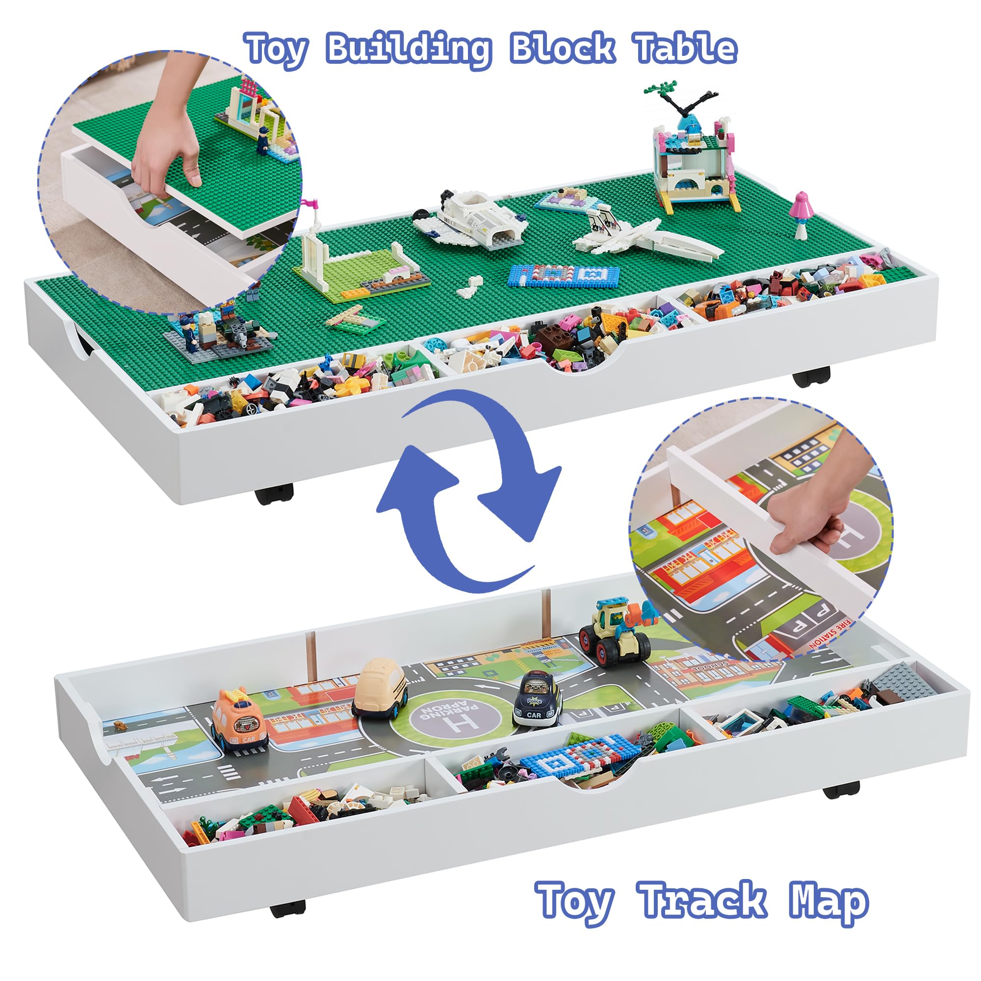 2 in 1 Construction Play Table - Lego Compatible Building Blocks & Train Game Table with Locking Wheels, Storage Space - Kids Activity Center for Bedroom, Playroom or Living Room (White)