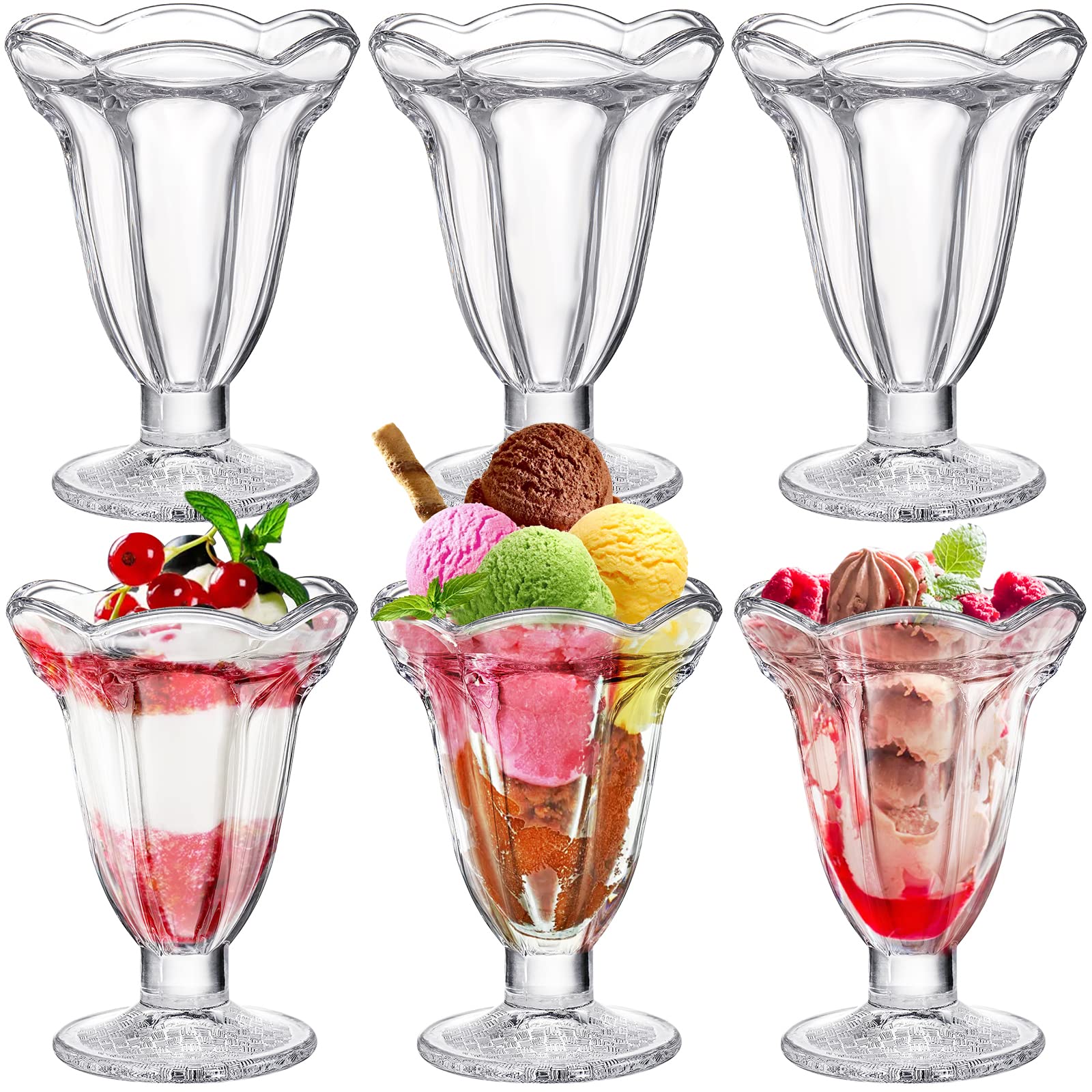 ZENFUN 6 Pack 6.7oz Clear Glass Tulip Sundae Cups - Footed Milkshake & Ice Cream Dessert Bowls Set for Sherbet, Trifle, Fruit Salad, Snacks, Cocktails - Perfect for Parties, Dessert Bars & Home Entertaining
