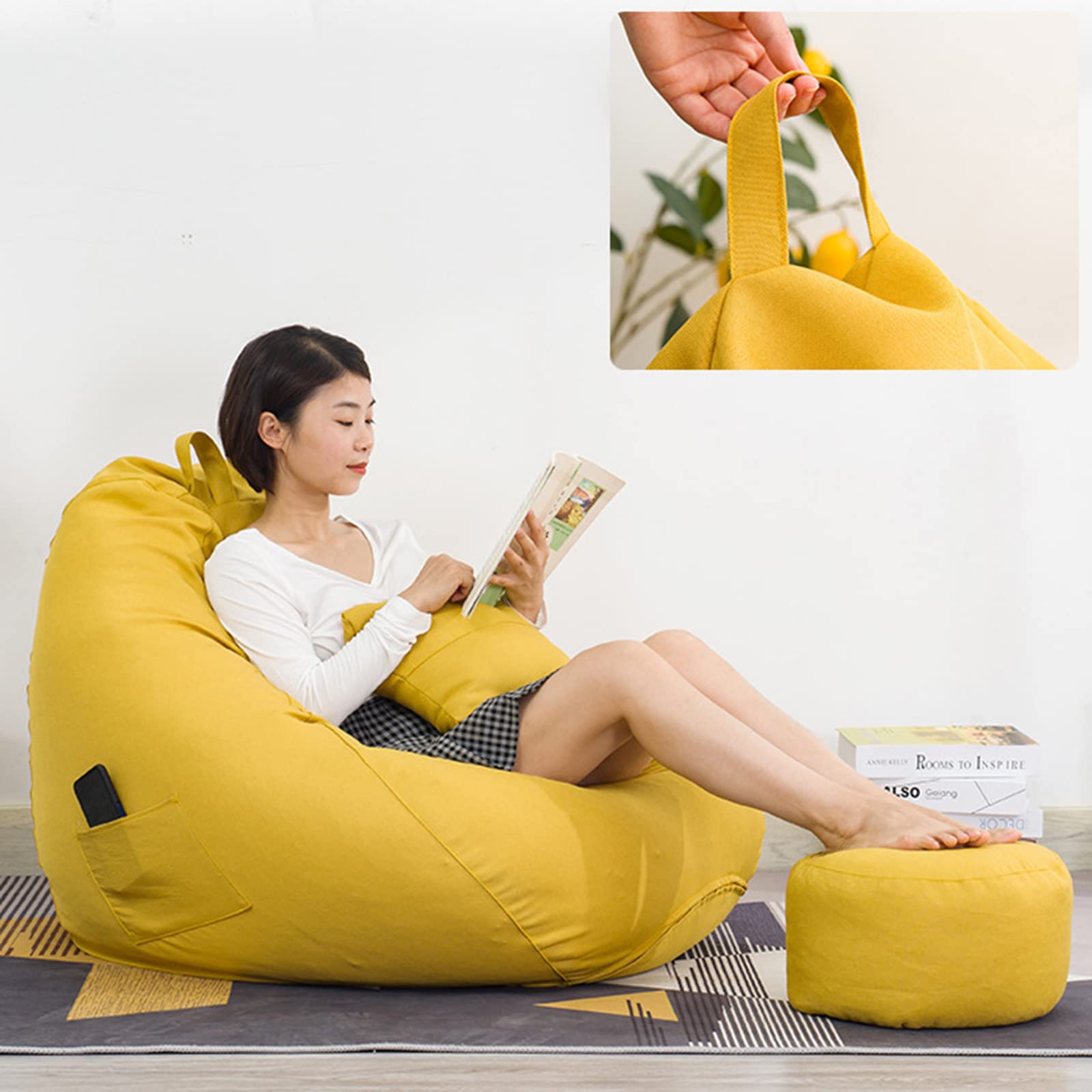 Premium Bean Bag Chair Cover (No Filler Included) - 110x130cm Soft Sofa Slipcover for Adults & Kids - Stuffed Animal Storage Organizer with Matching Footstool - Chrome Fabric - Perfect for Living Rooms, Dorms & Playrooms
